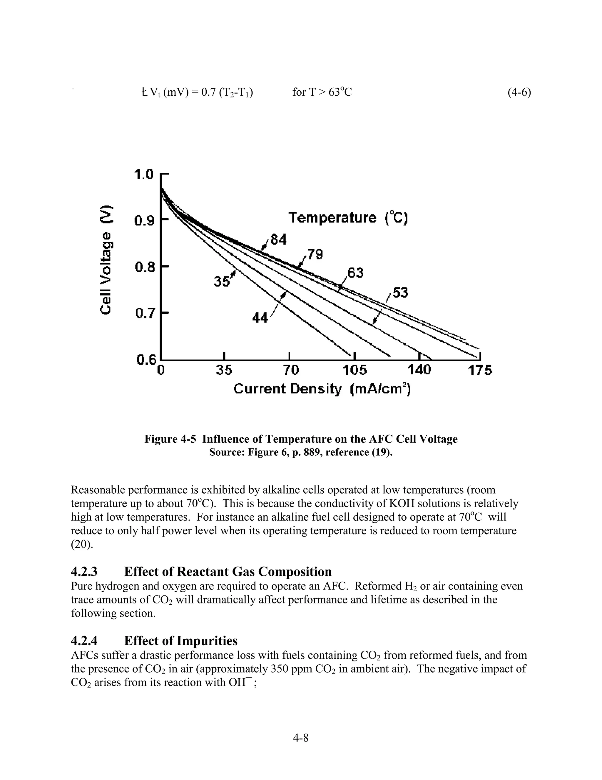 Vt (mV) = 0.7 (T2-T1)          for T > 63oC                                (4-6)




               Figure 4-5 Influence of Temperature on the AFC Cell Voltage
                             Source: Figure 6, p. 889, reference (19).


Reasonable performance is exhibited by alkaline cells operated at low temperatures (room
temperature up to about 70oC). This is because the conductivity of KOH solutions is relatively
high at low temperatures. For instance an alkaline fuel cell designed to operate at 70oC will
reduce to only half power level when its operating temperature is reduced to room temperature
(20).

4.2.3      Effect of Reactant Gas Composition
Pure hydrogen and oxygen are required to operate an AFC. Reformed H2 or air containing even
trace amounts of CO2 will dramatically affect performance and lifetime as described in the
following section.

4.2.4      Effect of Impurities
AFCs suffer a drastic performance loss with fuels containing CO2 from reformed fuels, and from
the presence of CO2 in air (approximately 350 ppm CO2 in ambient air). The negative impact of
CO2 arises from its reaction with OH¯ ;



                                               4-8
 