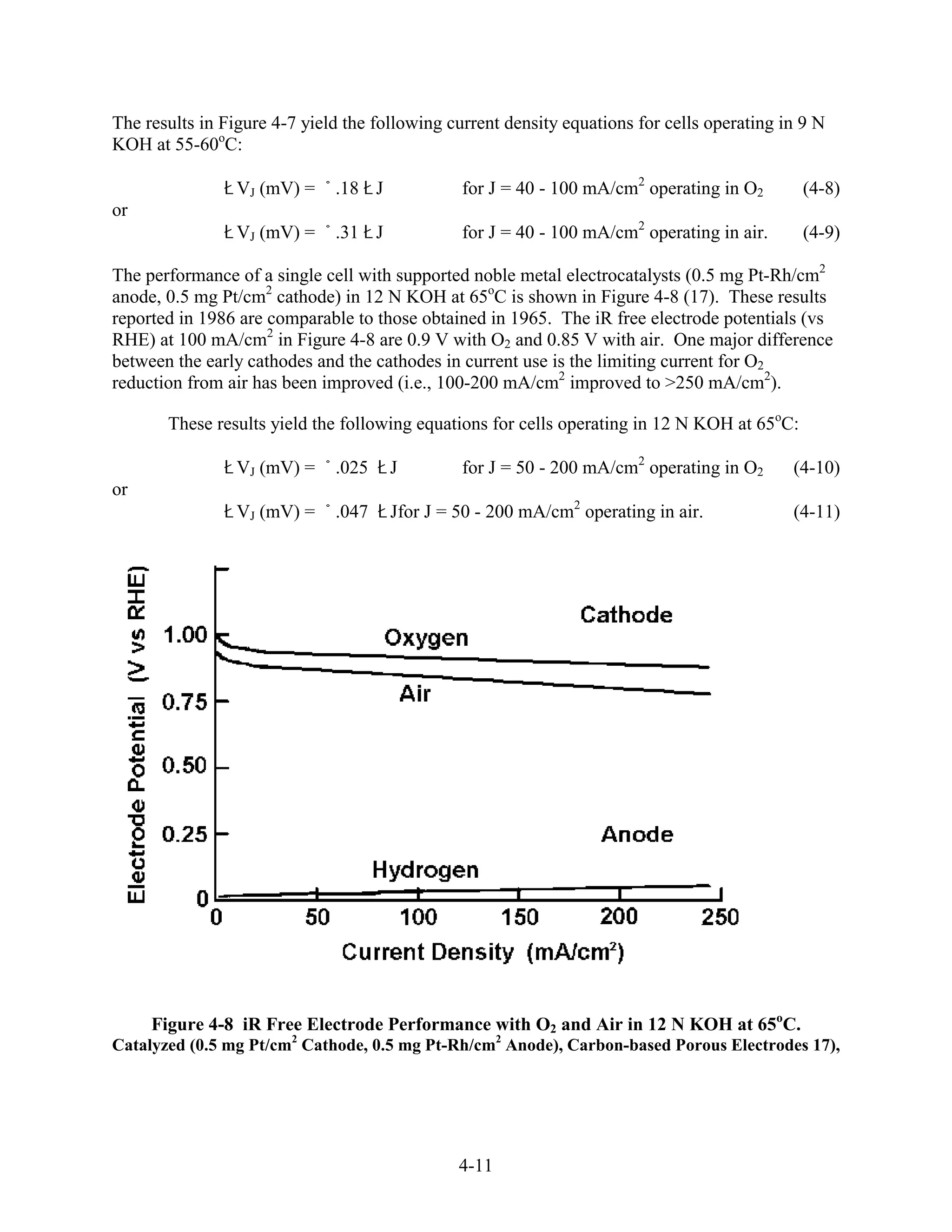 The results in Figure 4-7 yield the following current density equations for cells operating in 9 N
KOH at 55-60oC:

                 VJ (mV) =    .18 J             for J = 40 - 100 mA/cm2 operating in O2       (4-8)
or
                 VJ (mV) =    .31 J             for J = 40 - 100 mA/cm2 operating in air.     (4-9)

The performance of a single cell with supported noble metal electrocatalysts (0.5 mg Pt-Rh/cm2
anode, 0.5 mg Pt/cm2 cathode) in 12 N KOH at 65oC is shown in Figure 4-8 (17). These results
reported in 1986 are comparable to those obtained in 1965. The iR free electrode potentials (vs
RHE) at 100 mA/cm2 in Figure 4-8 are 0.9 V with O2 and 0.85 V with air. One major difference
between the early cathodes and the cathodes in current use is the limiting current for O2
reduction from air has been improved (i.e., 100-200 mA/cm2 improved to >250 mA/cm2).

       These results yield the following equations for cells operating in 12 N KOH at 65oC:

                 VJ (mV) =    .025    J         for J = 50 - 200 mA/cm2 operating in O2      (4-10)
or
                 VJ (mV) =    .047    Jfor J = 50 - 200 mA/cm2 operating in air.             (4-11)




     Figure 4-8 iR Free Electrode Performance with O2 and Air in 12 N KOH at 65oC.
Catalyzed (0.5 mg Pt/cm2 Cathode, 0.5 mg Pt-Rh/cm2 Anode), Carbon-based Porous Electrodes 17),




                                               4-11
 