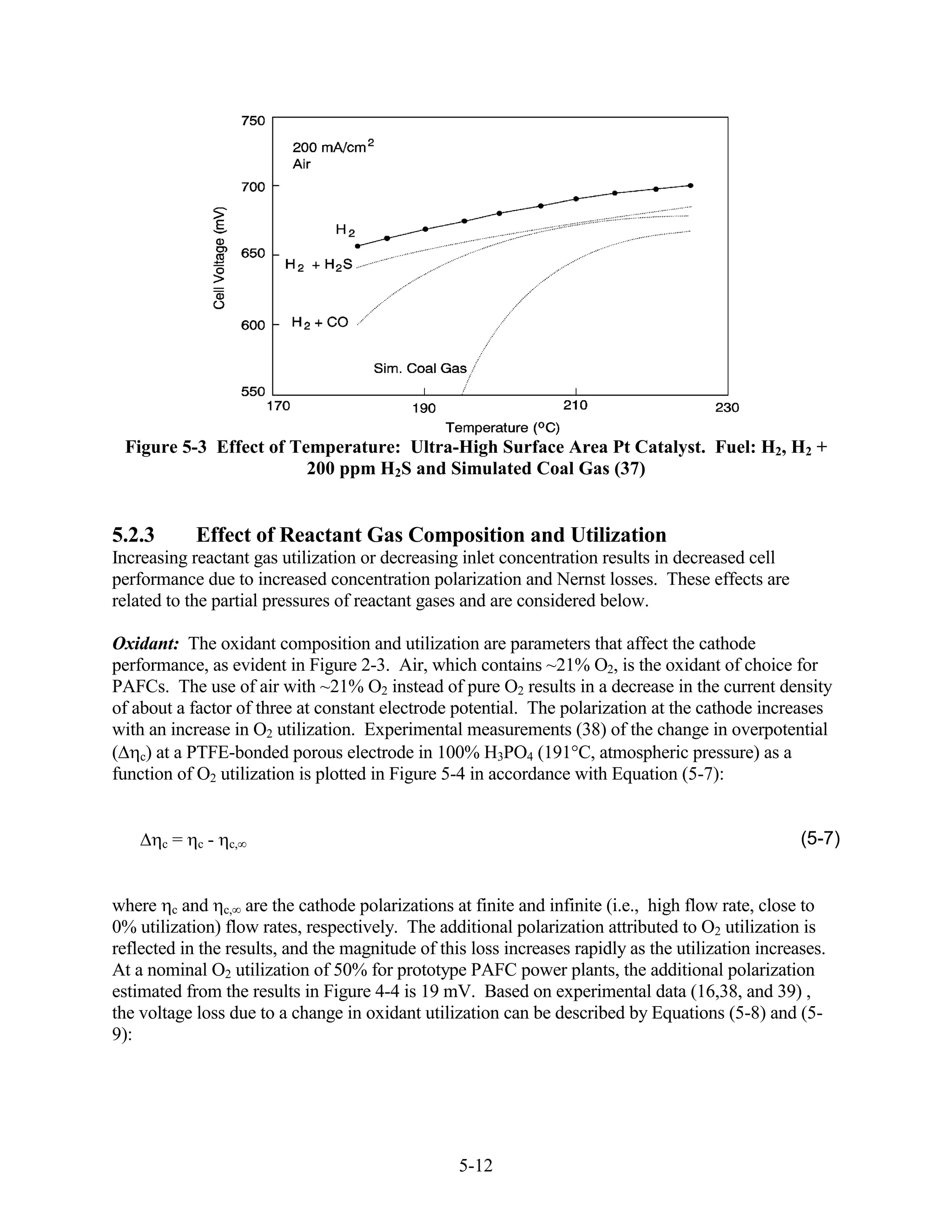 Figure 5-3 Effect of Temperature: Ultra-High Surface Area Pt Catalyst. Fuel: H2, H2 +
                        200 ppm H2S and Simulated Coal Gas (37)


5.2.3           Effect of Reactant Gas Composition and Utilization
Increasing reactant gas utilization or decreasing inlet concentration results in decreased cell
performance due to increased concentration polarization and Nernst losses. These effects are
related to the partial pressures of reactant gases and are considered below.

Oxidant: The oxidant composition and utilization are parameters that affect the cathode
performance, as evident in Figure 2-3. Air, which contains ~21% O2, is the oxidant of choice for
PAFCs. The use of air with ~21% O2 instead of pure O2 results in a decrease in the current density
of about a factor of three at constant electrode potential. The polarization at the cathode increases
with an increase in O2 utilization. Experimental measurements (38) of the change in overpotential
( c) at a PTFE-bonded porous electrode in 100% H3PO4 (191 C, atmospheric pressure) as a
function of O2 utilization is plotted in Figure 5-4 in accordance with Equation (5-7):


        c   =   c   -   c,                                                                          (5-7)


where c and c, are the cathode polarizations at finite and infinite (i.e., high flow rate, close to
0% utilization) flow rates, respectively. The additional polarization attributed to O2 utilization is
reflected in the results, and the magnitude of this loss increases rapidly as the utilization increases.
At a nominal O2 utilization of 50% for prototype PAFC power plants, the additional polarization
estimated from the results in Figure 4-4 is 19 mV. Based on experimental data (16,38, and 39) ,
the voltage loss due to a change in oxidant utilization can be described by Equations (5-8) and (5-
9):




                                                  5-12
 