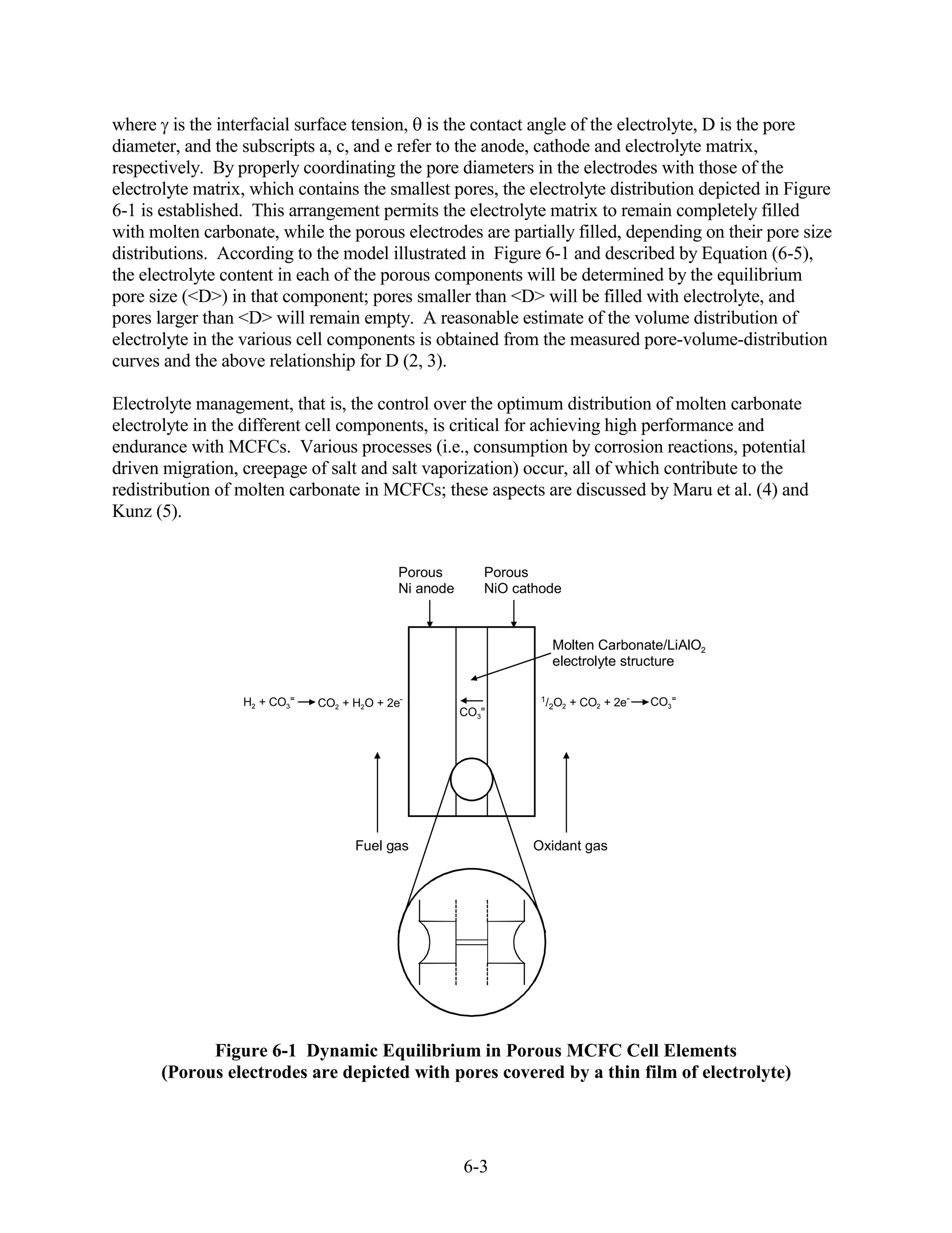 where is the interfacial surface tension, is the contact angle of the electrolyte, D is the pore
diameter, and the subscripts a, c, and e refer to the anode, cathode and electrolyte matrix,
respectively. By properly coordinating the pore diameters in the electrodes with those of the
electrolyte matrix, which contains the smallest pores, the electrolyte distribution depicted in Figure
6-1 is established. This arrangement permits the electrolyte matrix to remain completely filled
with molten carbonate, while the porous electrodes are partially filled, depending on their pore size
distributions. According to the model illustrated in Figure 6-1 and described by Equation (6-5),
the electrolyte content in each of the porous components will be determined by the equilibrium
pore size (<D>) in that component; pores smaller than <D> will be filled with electrolyte, and
pores larger than <D> will remain empty. A reasonable estimate of the volume distribution of
electrolyte in the various cell components is obtained from the measured pore-volume-distribution
curves and the above relationship for D (2, 3).

Electrolyte management, that is, the control over the optimum distribution of molten carbonate
electrolyte in the different cell components, is critical for achieving high performance and
endurance with MCFCs. Various processes (i.e., consumption by corrosion reactions, potential
driven migration, creepage of salt and salt vaporization) occur, all of which contribute to the
redistribution of molten carbonate in MCFCs; these aspects are discussed by Maru et al. (4) and
Kunz (5).


                                            Porous        Porous
                                            Ni anode      NiO cathode



                                                                       Molten Carbonate/LiAlO2
                                                                       electrolyte structure

                  H2 + CO3=   CO2 + H2O + 2e-                     1
                                                                      /2O2 + CO2 + 2e-   CO3=
                                                       CO3=




                                    Fuel gas                    Oxidant gas




            Figure 6-1 Dynamic Equilibrium in Porous MCFC Cell Elements
      (Porous electrodes are depicted with pores covered by a thin film of electrolyte)




                                                       6-3
 