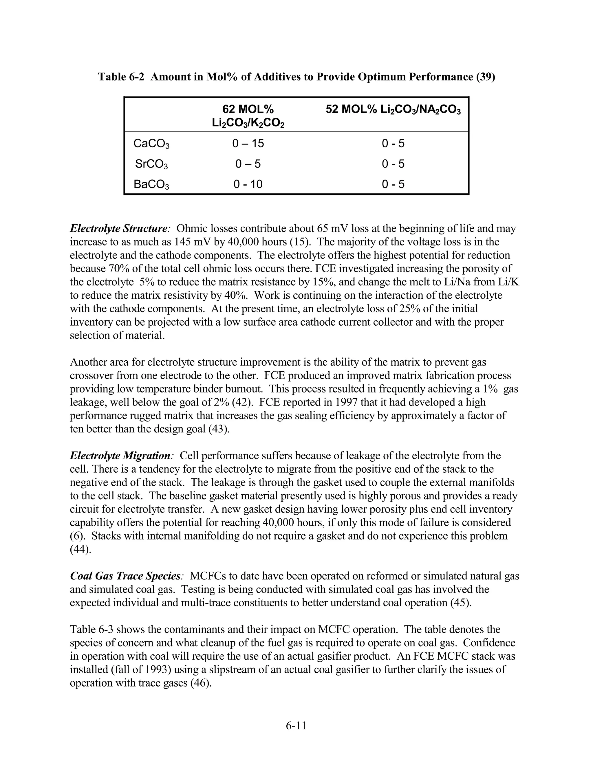 Table 6-2 Amount in Mol% of Additives to Provide Optimum Performance (39)

                                  62 MOL%                  52 MOL% Li2CO3/NA2CO3
                                Li2CO3/K2CO2
              CaCO3                  0 – 15                             0-5
               SrCO3                  0–5                               0-5
              BaCO3                  0 - 10                             0-5


Electrolyte Structure: Ohmic losses contribute about 65 mV loss at the beginning of life and may
increase to as much as 145 mV by 40,000 hours (15). The majority of the voltage loss is in the
electrolyte and the cathode components. The electrolyte offers the highest potential for reduction
because 70% of the total cell ohmic loss occurs there. FCE investigated increasing the porosity of
the electrolyte 5% to reduce the matrix resistance by 15%, and change the melt to Li/Na from Li/K
to reduce the matrix resistivity by 40%. Work is continuing on the interaction of the electrolyte
with the cathode components. At the present time, an electrolyte loss of 25% of the initial
inventory can be projected with a low surface area cathode current collector and with the proper
selection of material.

Another area for electrolyte structure improvement is the ability of the matrix to prevent gas
crossover from one electrode to the other. FCE produced an improved matrix fabrication process
providing low temperature binder burnout. This process resulted in frequently achieving a 1% gas
leakage, well below the goal of 2% (42). FCE reported in 1997 that it had developed a high
performance rugged matrix that increases the gas sealing efficiency by approximately a factor of
ten better than the design goal (43).

Electrolyte Migration: Cell performance suffers because of leakage of the electrolyte from the
cell. There is a tendency for the electrolyte to migrate from the positive end of the stack to the
negative end of the stack. The leakage is through the gasket used to couple the external manifolds
to the cell stack. The baseline gasket material presently used is highly porous and provides a ready
circuit for electrolyte transfer. A new gasket design having lower porosity plus end cell inventory
capability offers the potential for reaching 40,000 hours, if only this mode of failure is considered
(6). Stacks with internal manifolding do not require a gasket and do not experience this problem
(44).

Coal Gas Trace Species: MCFCs to date have been operated on reformed or simulated natural gas
and simulated coal gas. Testing is being conducted with simulated coal gas has involved the
expected individual and multi-trace constituents to better understand coal operation (45).

Table 6-3 shows the contaminants and their impact on MCFC operation. The table denotes the
species of concern and what cleanup of the fuel gas is required to operate on coal gas. Confidence
in operation with coal will require the use of an actual gasifier product. An FCE MCFC stack was
installed (fall of 1993) using a slipstream of an actual coal gasifier to further clarify the issues of
operation with trace gases (46).


                                                 6-11
 