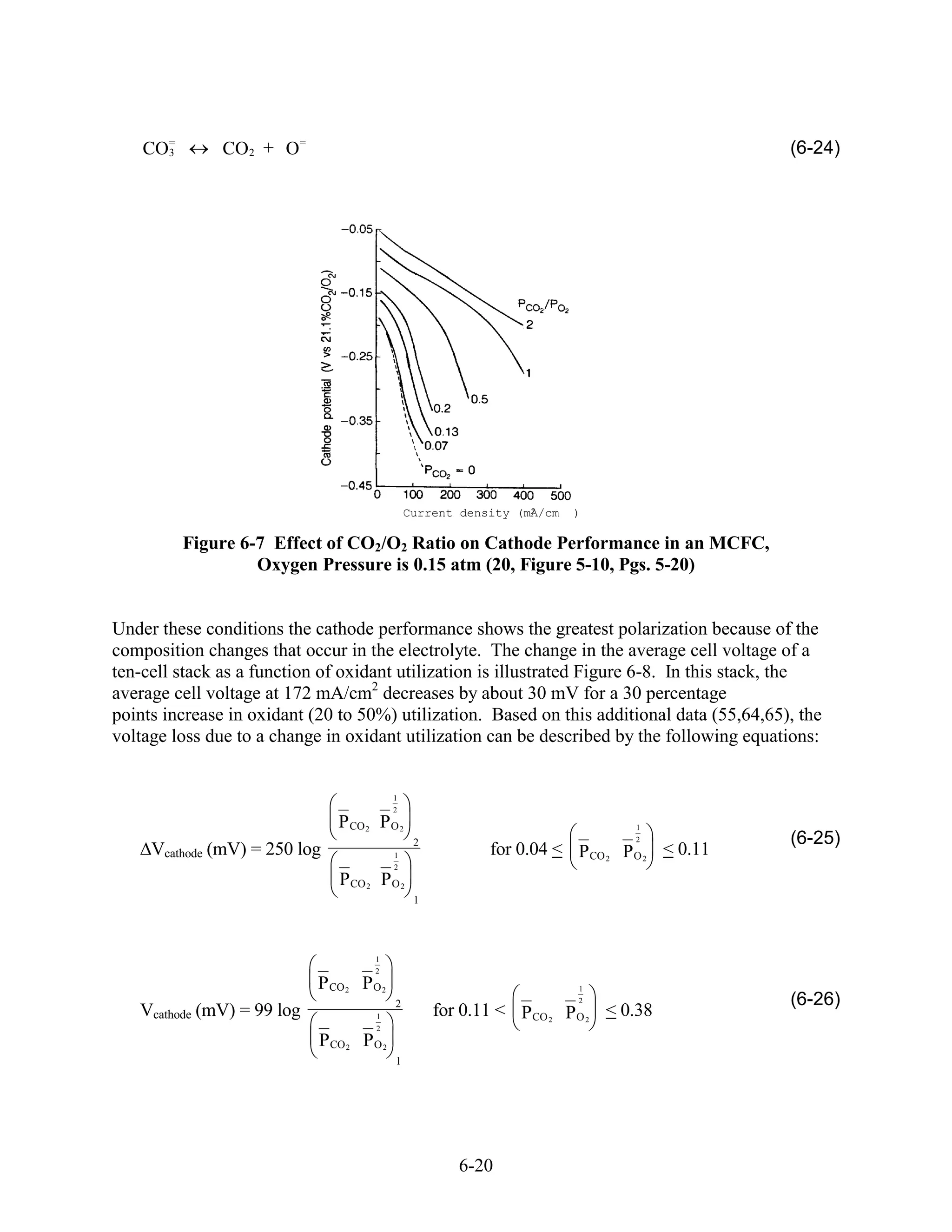 CO=
      3        CO2 + O=                                                                     (6-24)




                                                                 2
                                               Current density (mA/cm   )

          Figure 6-7 Effect of CO2/O2 Ratio on Cathode Performance in an MCFC,
                   Oxygen Pressure is 0.15 atm (20, Figure 5-10, Pgs. 5-20)


Under these conditions the cathode performance shows the greatest polarization because of the
composition changes that occur in the electrolyte. The change in the average cell voltage of a
ten-cell stack as a function of oxidant utilization is illustrated Figure 6-8. In this stack, the
average cell voltage at 172 mA/cm2 decreases by about 30 mV for a 30 percentage
points increase in oxidant (20 to 50%) utilization. Based on this additional data (55,64,65), the
voltage loss due to a change in oxidant utilization can be described by the following equations:


                                           1
                                           2
                               P CO 2 P O 2                                    1

                                                2                              2            (6-25)
     Vcathode (mV) = 250 log               1               for 0.04 < P CO 2 P O 2 < 0.11
                                           2
                               P CO 2 P O 2
                                                1




                                      1
                                      2
                            P CO 2 P O 2                                1

                                           2                            2                   (6-26)
   Vcathode (mV) = 99 log             1             for 0.11 < P CO 2 P O 2 < 0.38
                                      2
                            P CO 2 P O 2
                                           1




                                                       6-20
 