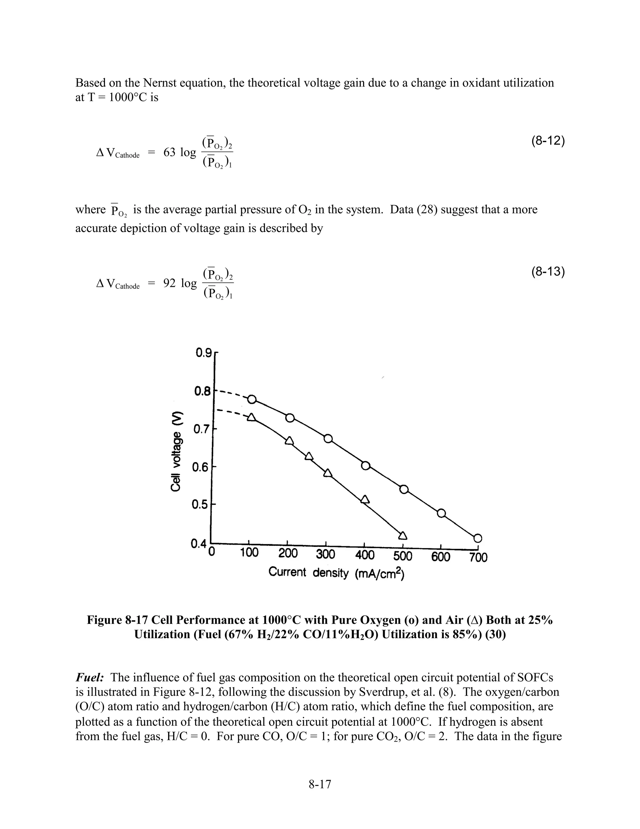 Based on the Nernst equation, the theoretical voltage gain due to a change in oxidant utilization
at T = 1000°C is


                          ( P O 2 )2                                                        (8-12)
      VCathode = 63 log
                          ( PO 2 )1


where P O 2 is the average partial pressure of O2 in the system. Data (28) suggest that a more
accurate depiction of voltage gain is described by


                          ( P O2 ) 2                                                        (8-13)
      VCathode = 92 log
                          ( PO2 )1




  Figure 8-17 Cell Performance at 1000 C with Pure Oxygen (o) and Air ( ) Both at 25%
           Utilization (Fuel (67% H2/22% CO/11%H2O) Utilization is 85%) (30)


Fuel: The influence of fuel gas composition on the theoretical open circuit potential of SOFCs
is illustrated in Figure 8-12, following the discussion by Sverdrup, et al. (8). The oxygen/carbon
(O/C) atom ratio and hydrogen/carbon (H/C) atom ratio, which define the fuel composition, are
plotted as a function of the theoretical open circuit potential at 1000 C. If hydrogen is absent
from the fuel gas, H/C = 0. For pure CO, O/C = 1; for pure CO2, O/C = 2. The data in the figure


                                               8-17
 