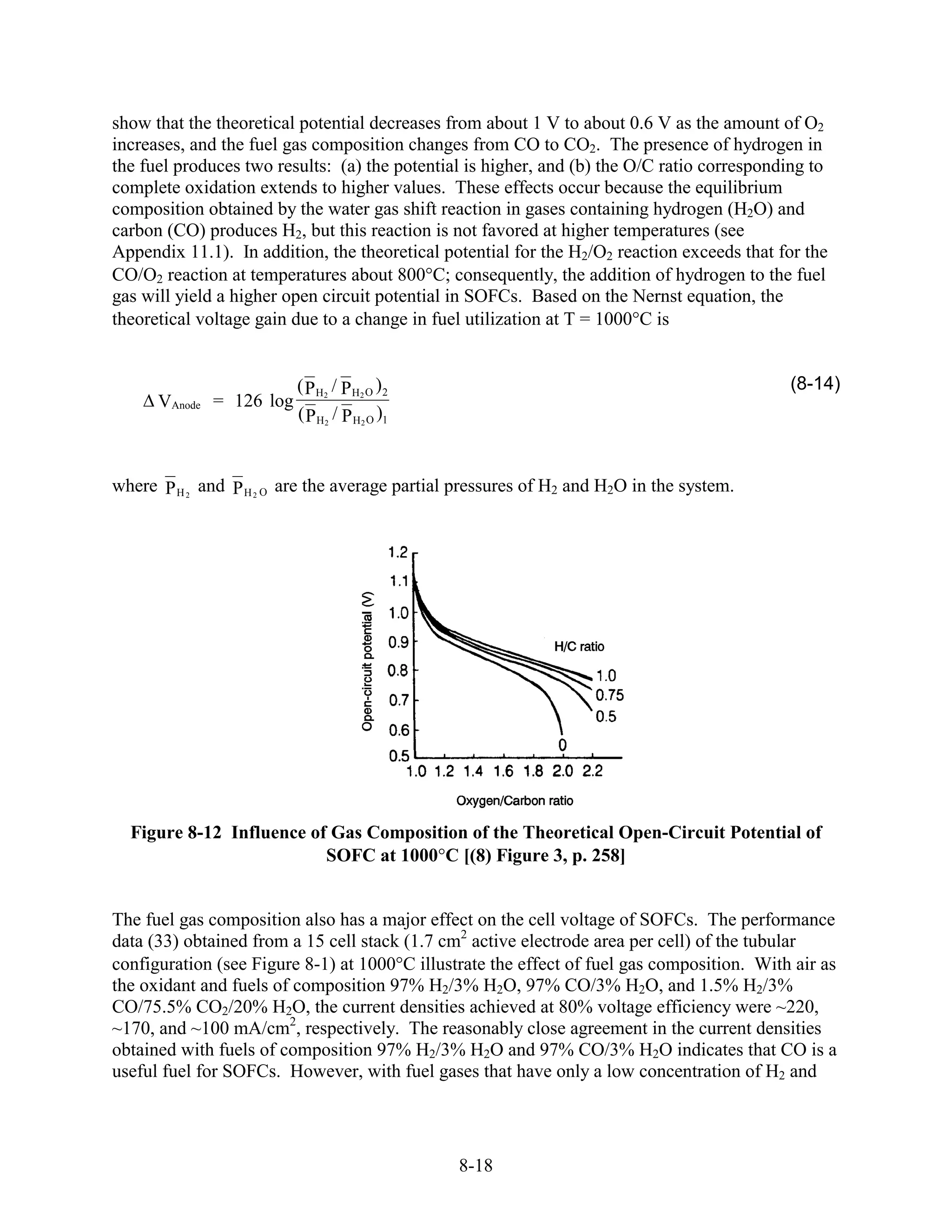 show that the theoretical potential decreases from about 1 V to about 0.6 V as the amount of O2
increases, and the fuel gas composition changes from CO to CO2. The presence of hydrogen in
the fuel produces two results: (a) the potential is higher, and (b) the O/C ratio corresponding to
complete oxidation extends to higher values. These effects occur because the equilibrium
composition obtained by the water gas shift reaction in gases containing hydrogen (H2O) and
carbon (CO) produces H2, but this reaction is not favored at higher temperatures (see
Appendix 11.1). In addition, the theoretical potential for the H2/O2 reaction exceeds that for the
CO/O2 reaction at temperatures about 800 C; consequently, the addition of hydrogen to the fuel
gas will yield a higher open circuit potential in SOFCs. Based on the Nernst equation, the
theoretical voltage gain due to a change in fuel utilization at T = 1000 C is


                         ( P H2 / P H2 O )2                                                 (8-14)
      VAnode = 126 log
                         ( P H2 / P H2 O )1


where P H 2 and P H 2 O are the average partial pressures of H2 and H2O in the system.




  Figure 8-12 Influence of Gas Composition of the Theoretical Open-Circuit Potential of
                          SOFC at 1000 C [(8) Figure 3, p. 258]


The fuel gas composition also has a major effect on the cell voltage of SOFCs. The performance
data (33) obtained from a 15 cell stack (1.7 cm2 active electrode area per cell) of the tubular
configuration (see Figure 8-1) at 1000 C illustrate the effect of fuel gas composition. With air as
the oxidant and fuels of composition 97% H2/3% H2O, 97% CO/3% H2O, and 1.5% H2/3%
CO/75.5% CO2/20% H2O, the current densities achieved at 80% voltage efficiency were ~220,
~170, and ~100 mA/cm2, respectively. The reasonably close agreement in the current densities
obtained with fuels of composition 97% H2/3% H2O and 97% CO/3% H2O indicates that CO is a
useful fuel for SOFCs. However, with fuel gases that have only a low concentration of H2 and




                                               8-18
 