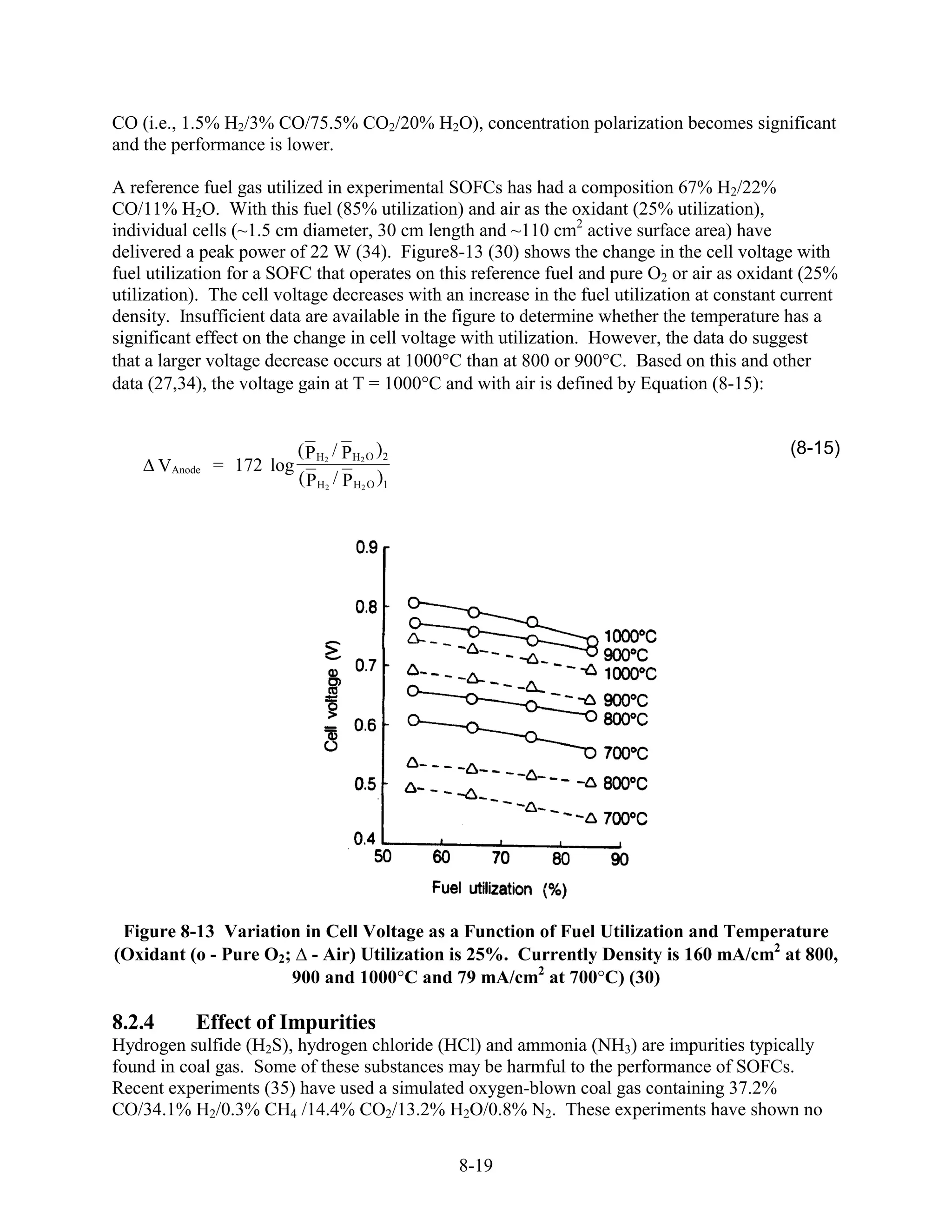 CO (i.e., 1.5% H2/3% CO/75.5% CO2/20% H2O), concentration polarization becomes significant
and the performance is lower.

A reference fuel gas utilized in experimental SOFCs has had a composition 67% H2/22%
CO/11% H2O. With this fuel (85% utilization) and air as the oxidant (25% utilization),
individual cells (~1.5 cm diameter, 30 cm length and ~110 cm2 active surface area) have
delivered a peak power of 22 W (34). Figure8-13 (30) shows the change in the cell voltage with
fuel utilization for a SOFC that operates on this reference fuel and pure O2 or air as oxidant (25%
utilization). The cell voltage decreases with an increase in the fuel utilization at constant current
density. Insufficient data are available in the figure to determine whether the temperature has a
significant effect on the change in cell voltage with utilization. However, the data do suggest
that a larger voltage decrease occurs at 1000 C than at 800 or 900 C. Based on this and other
data (27,34), the voltage gain at T = 1000 C and with air is defined by Equation (8-15):


                           ( P H2 / P H2 O )2                                                 (8-15)
        VAnode = 172 log
                           ( P H2 / P H2 O )1




 Figure 8-13 Variation in Cell Voltage as a Function of Fuel Utilization and Temperature
(Oxidant (o - Pure O2; - Air) Utilization is 25%. Currently Density is 160 mA/cm2 at 800,
                      900 and 1000 C and 79 mA/cm2 at 700 C) (30)

8.2.4       Effect of Impurities
Hydrogen sulfide (H2S), hydrogen chloride (HCl) and ammonia (NH3) are impurities typically
found in coal gas. Some of these substances may be harmful to the performance of SOFCs.
Recent experiments (35) have used a simulated oxygen-blown coal gas containing 37.2%
CO/34.1% H2/0.3% CH4 /14.4% CO2/13.2% H2O/0.8% N2. These experiments have shown no


                                                8-19
 