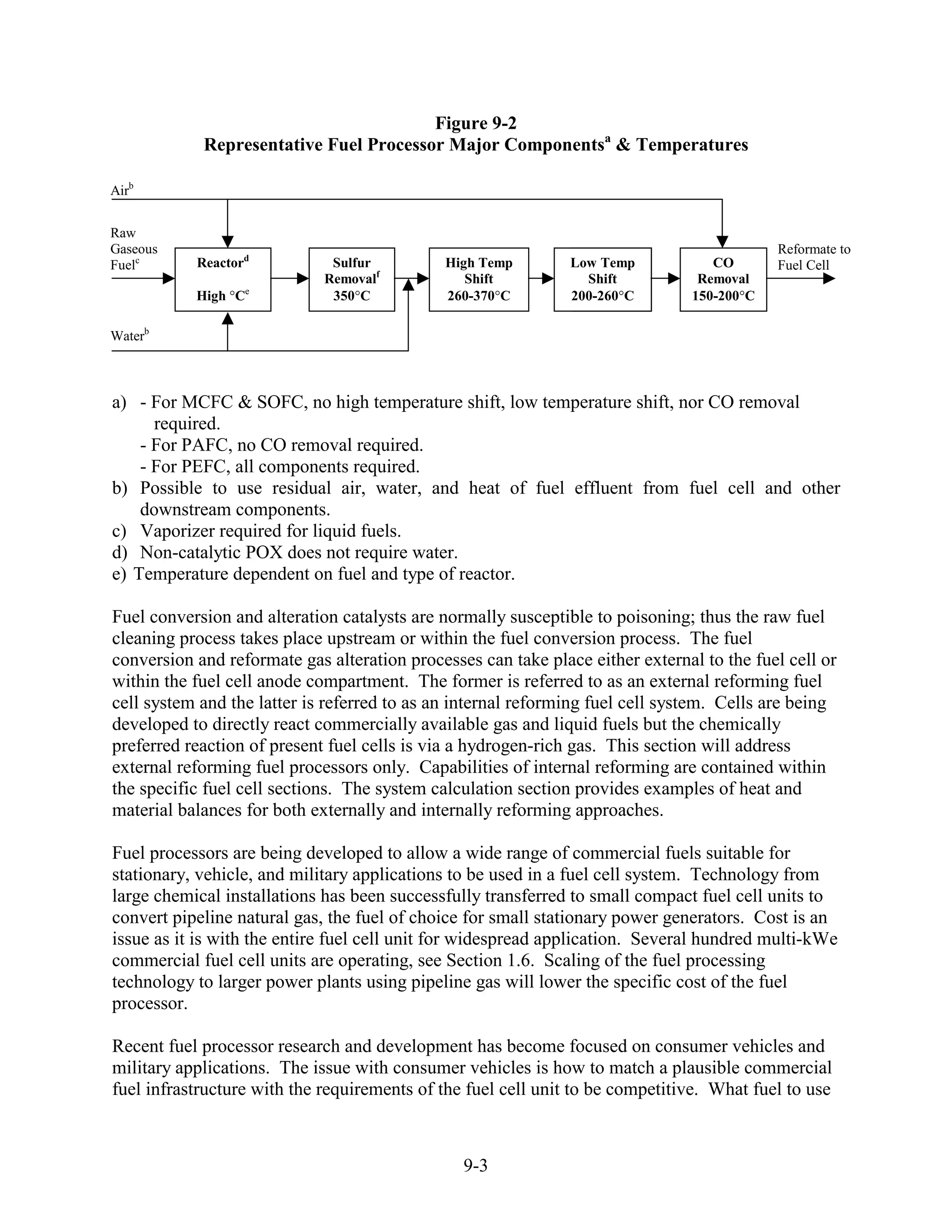 Figure 9-2
            Representative Fuel Processor Major Componentsa & Temperatures

Airb


Raw
Gaseous                                                                                     Reformate to
Fuelc      Reactord           Sulfur         High Temp         Low Temp            CO       Fuel Cell
                             Removalf           Shift            Shift           Removal
           High Ce            350 C          260-370 C         200-260 C        150-200 C

Waterb



a) - For MCFC & SOFC, no high temperature shift, low temperature shift, nor CO removal
      required.
    - For PAFC, no CO removal required.
    - For PEFC, all components required.
b) Possible to use residual air, water, and heat of fuel effluent from fuel cell and other
    downstream components.
c) Vaporizer required for liquid fuels.
d) Non-catalytic POX does not require water.
e) Temperature dependent on fuel and type of reactor.

Fuel conversion and alteration catalysts are normally susceptible to poisoning; thus the raw fuel
cleaning process takes place upstream or within the fuel conversion process. The fuel
conversion and reformate gas alteration processes can take place either external to the fuel cell or
within the fuel cell anode compartment. The former is referred to as an external reforming fuel
cell system and the latter is referred to as an internal reforming fuel cell system. Cells are being
developed to directly react commercially available gas and liquid fuels but the chemically
preferred reaction of present fuel cells is via a hydrogen-rich gas. This section will address
external reforming fuel processors only. Capabilities of internal reforming are contained within
the specific fuel cell sections. The system calculation section provides examples of heat and
material balances for both externally and internally reforming approaches.

Fuel processors are being developed to allow a wide range of commercial fuels suitable for
stationary, vehicle, and military applications to be used in a fuel cell system. Technology from
large chemical installations has been successfully transferred to small compact fuel cell units to
convert pipeline natural gas, the fuel of choice for small stationary power generators. Cost is an
issue as it is with the entire fuel cell unit for widespread application. Several hundred multi-kWe
commercial fuel cell units are operating, see Section 1.6. Scaling of the fuel processing
technology to larger power plants using pipeline gas will lower the specific cost of the fuel
processor.

Recent fuel processor research and development has become focused on consumer vehicles and
military applications. The issue with consumer vehicles is how to match a plausible commercial
fuel infrastructure with the requirements of the fuel cell unit to be competitive. What fuel to use



                                                9-3
 