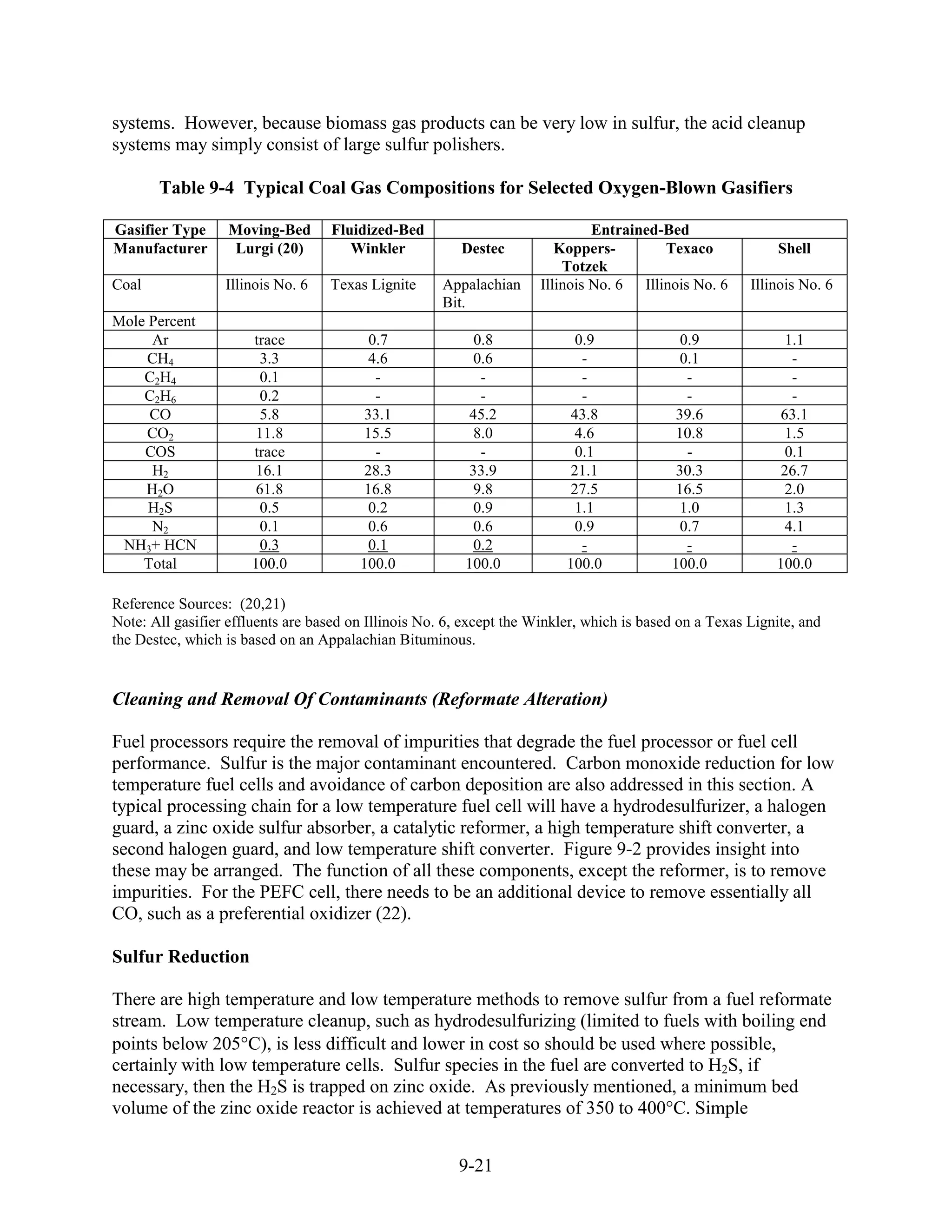 systems. However, because biomass gas products can be very low in sulfur, the acid cleanup
systems may simply consist of large sulfur polishers.

       Table 9-4 Typical Coal Gas Compositions for Selected Oxygen-Blown Gasifiers

Gasifier Type      Moving-Bed      Fluidized-Bed                               Entrained-Bed
Manufacturer       Lurgi (20)         Winkler            Destec          Koppers-        Texaco              Shell
                                                                          Totzek
Coal              Illinois No. 6   Texas Lignite      Appalachian     Illinois No. 6 Illinois No. 6     Illinois No. 6
                                                      Bit.
Mole Percent
     Ar               trace               0.7              0.8              0.9              0.9              1.1
     CH4               3.3                4.6              0.6               -               0.1               -
    C2H4               0.1                 -                -                -                -                -
    C2H6               0.2                 -                -                -                -                -
     CO                5.8               33.1             45.2             43.8             39.6             63.1
     CO2              11.8              15.5              8.0              4.6             10.8              1.5
    COS               trace                -                -               0.1               -               0.1
     H2               16.1              28.3             33.9              21.1             30.3             26.7
    H2O               61.8              16.8              9.8              27.5             16.5              2.0
     H2S               0.5                0.2              0.9              1.1              1.0              1.3
     N2                0.1                0.6              0.6              0.9              0.7              4.1
 NH3+ HCN              0.3               0.1              0.2                -                -                -
    Total             100.0             100.0            100.0            100.0            100.0            100.0

Reference Sources: (20,21)
Note: All gasifier effluents are based on Illinois No. 6, except the Winkler, which is based on a Texas Lignite, and
the Destec, which is based on an Appalachian Bituminous.


Cleaning and Removal Of Contaminants (Reformate Alteration)

Fuel processors require the removal of impurities that degrade the fuel processor or fuel cell
performance. Sulfur is the major contaminant encountered. Carbon monoxide reduction for low
temperature fuel cells and avoidance of carbon deposition are also addressed in this section. A
typical processing chain for a low temperature fuel cell will have a hydrodesulfurizer, a halogen
guard, a zinc oxide sulfur absorber, a catalytic reformer, a high temperature shift converter, a
second halogen guard, and low temperature shift converter. Figure 9-2 provides insight into
these may be arranged. The function of all these components, except the reformer, is to remove
impurities. For the PEFC cell, there needs to be an additional device to remove essentially all
CO, such as a preferential oxidizer (22).

Sulfur Reduction

There are high temperature and low temperature methods to remove sulfur from a fuel reformate
stream. Low temperature cleanup, such as hydrodesulfurizing (limited to fuels with boiling end
points below 205 C), is less difficult and lower in cost so should be used where possible,
certainly with low temperature cells. Sulfur species in the fuel are converted to H2S, if
necessary, then the H2S is trapped on zinc oxide. As previously mentioned, a minimum bed
volume of the zinc oxide reactor is achieved at temperatures of 350 to 400°C. Simple


                                                        9-21
 