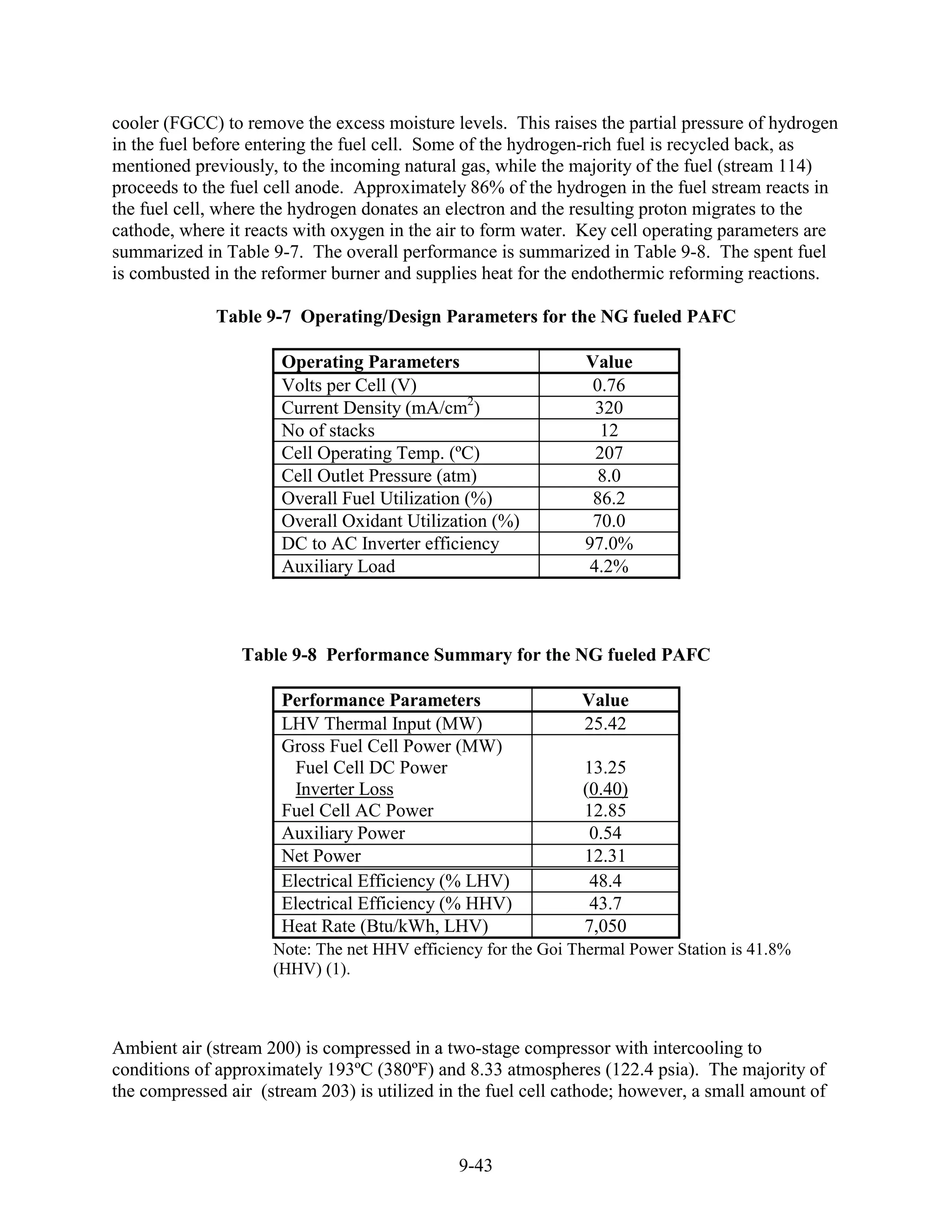 cooler (FGCC) to remove the excess moisture levels. This raises the partial pressure of hydrogen
in the fuel before entering the fuel cell. Some of the hydrogen-rich fuel is recycled back, as
mentioned previously, to the incoming natural gas, while the majority of the fuel (stream 114)
proceeds to the fuel cell anode. Approximately 86% of the hydrogen in the fuel stream reacts in
the fuel cell, where the hydrogen donates an electron and the resulting proton migrates to the
cathode, where it reacts with oxygen in the air to form water. Key cell operating parameters are
summarized in Table 9-7. The overall performance is summarized in Table 9-8. The spent fuel
is combusted in the reformer burner and supplies heat for the endothermic reforming reactions.

             Table 9-7 Operating/Design Parameters for the NG fueled PAFC

                      Operating Parameters                     Value
                      Volts per Cell (V)                        0.76
                      Current Density (mA/cm2)                  320
                      No of stacks                               12
                      Cell Operating Temp. (ºC)                 207
                      Cell Outlet Pressure (atm)                 8.0
                      Overall Fuel Utilization (%)              86.2
                      Overall Oxidant Utilization (%)           70.0
                      DC to AC Inverter efficiency             97.0%
                      Auxiliary Load                           4.2%



                 Table 9-8 Performance Summary for the NG fueled PAFC

                      Performance Parameters                   Value
                      LHV Thermal Input (MW)                   25.42
                      Gross Fuel Cell Power (MW)
                        Fuel Cell DC Power                     13.25
                        Inverter Loss                          (0.40)
                      Fuel Cell AC Power                       12.85
                      Auxiliary Power                           0.54
                      Net Power                                12.31
                      Electrical Efficiency (% LHV)             48.4
                      Electrical Efficiency (% HHV)             43.7
                      Heat Rate (Btu/kWh, LHV)                 7,050
                     Note: The net HHV efficiency for the Goi Thermal Power Station is 41.8%
                     (HHV) (1).



Ambient air (stream 200) is compressed in a two-stage compressor with intercooling to
conditions of approximately 193ºC (380ºF) and 8.33 atmospheres (122.4 psia). The majority of
the compressed air (stream 203) is utilized in the fuel cell cathode; however, a small amount of



                                              9-43
 