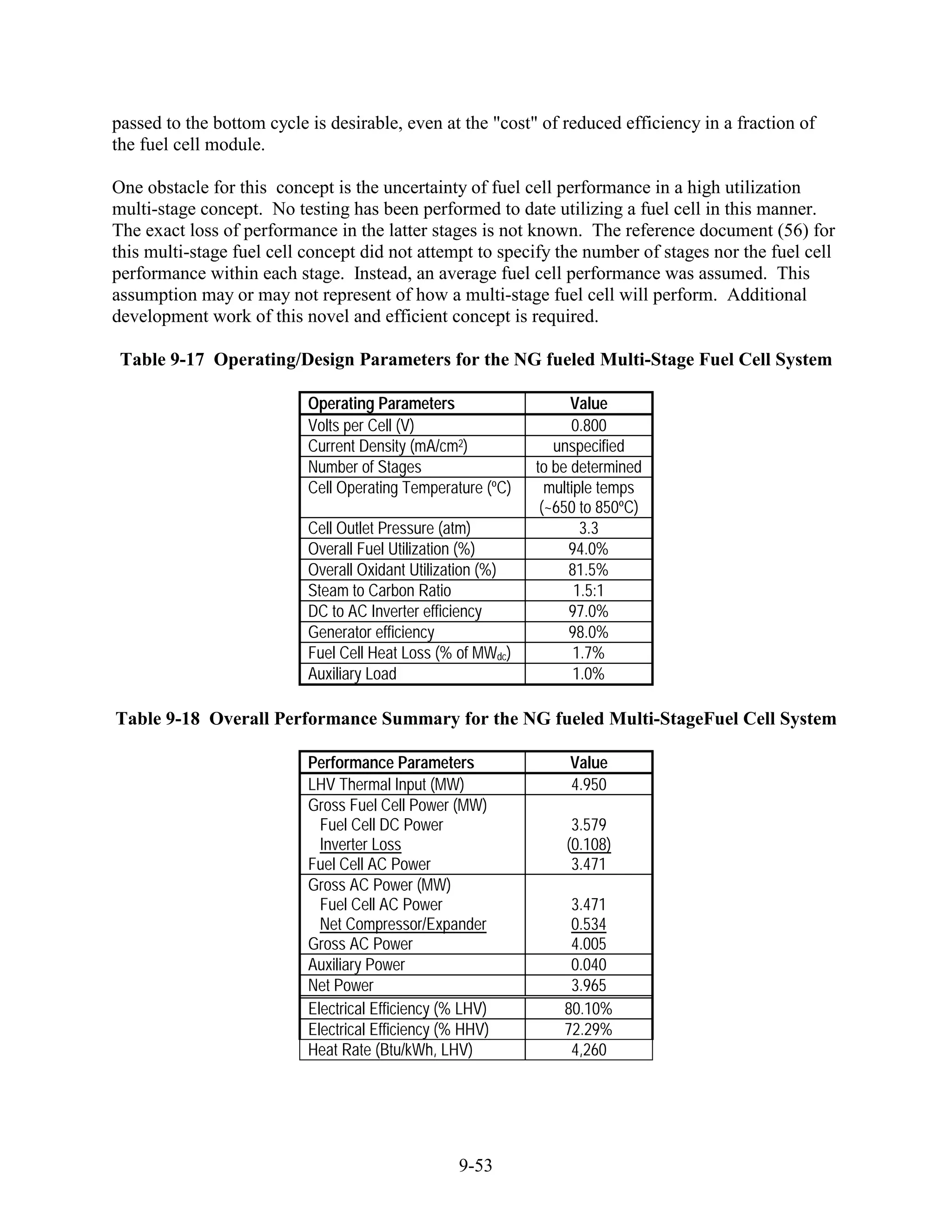passed to the bottom cycle is desirable, even at the "cost" of reduced efficiency in a fraction of
the fuel cell module.

One obstacle for this concept is the uncertainty of fuel cell performance in a high utilization
multi-stage concept. No testing has been performed to date utilizing a fuel cell in this manner.
The exact loss of performance in the latter stages is not known. The reference document (56) for
this multi-stage fuel cell concept did not attempt to specify the number of stages nor the fuel cell
performance within each stage. Instead, an average fuel cell performance was assumed. This
assumption may or may not represent of how a multi-stage fuel cell will perform. Additional
development work of this novel and efficient concept is required.

 Table 9-17 Operating/Design Parameters for the NG fueled Multi-Stage Fuel Cell System

                           Operating Parameters                    Value
                           Volts per Cell (V)                      0.800
                           Current Density (mA/cm2)             unspecified
                           Number of Stages                  to be determined
                           Cell Operating Temperature (ºC)     multiple temps
                                                              (~650 to 850ºC)
                           Cell Outlet Pressure (atm)                3.3
                           Overall Fuel Utilization (%)            94.0%
                           Overall Oxidant Utilization (%)         81.5%
                           Steam to Carbon Ratio                    1.5:1
                           DC to AC Inverter efficiency            97.0%
                           Generator efficiency                    98.0%
                           Fuel Cell Heat Loss (% of MWdc)          1.7%
                           Auxiliary Load                           1.0%

Table 9-18 Overall Performance Summary for the NG fueled Multi-StageFuel Cell System

                           Performance Parameters                 Value
                           LHV Thermal Input (MW)                 4.950
                           Gross Fuel Cell Power (MW)
                             Fuel Cell DC Power                   3.579
                             Inverter Loss                       (0.108)
                           Fuel Cell AC Power                     3.471
                           Gross AC Power (MW)
                             Fuel Cell AC Power                   3.471
                             Net Compressor/Expander              0.534
                           Gross AC Power                         4.005
                           Auxiliary Power                        0.040
                           Net Power                              3.965
                           Electrical Efficiency (% LHV)         80.10%
                           Electrical Efficiency (% HHV)         72.29%
                           Heat Rate (Btu/kWh, LHV)               4,260




                                                   9-53
 