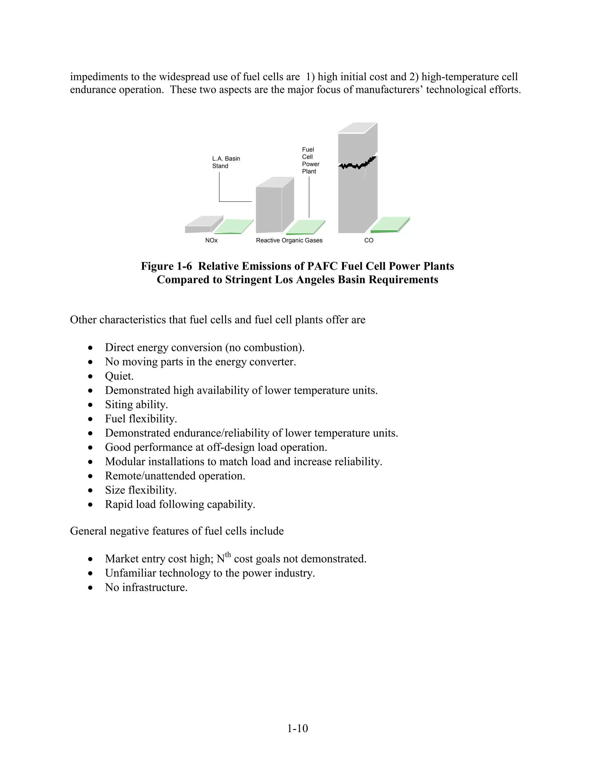impediments to the widespread use of fuel cells are 1) high initial cost and 2) high-temperature cell
endurance operation. These two aspects are the major focus of manufacturers’ technological efforts.




                                                            Fuel
                                L.A. Basin                  Cell
                                Stand                       Power
                                                            Plant




                               NOx           Reactive Organic Gases   CO



                Figure 1-6 Relative Emissions of PAFC Fuel Cell Power Plants
                   Compared to Stringent Los Angeles Basin Requirements


Other characteristics that fuel cells and fuel cell plants offer are

        Direct energy conversion (no combustion).
        No moving parts in the energy converter.
        Quiet.
        Demonstrated high availability of lower temperature units.
        Siting ability.
        Fuel flexibility.
        Demonstrated endurance/reliability of lower temperature units.
        Good performance at off-design load operation.
        Modular installations to match load and increase reliability.
        Remote/unattended operation.
        Size flexibility.
        Rapid load following capability.

General negative features of fuel cells include

        Market entry cost high; Nth cost goals not demonstrated.
        Unfamiliar technology to the power industry.
        No infrastructure.




                                                       1-10
 