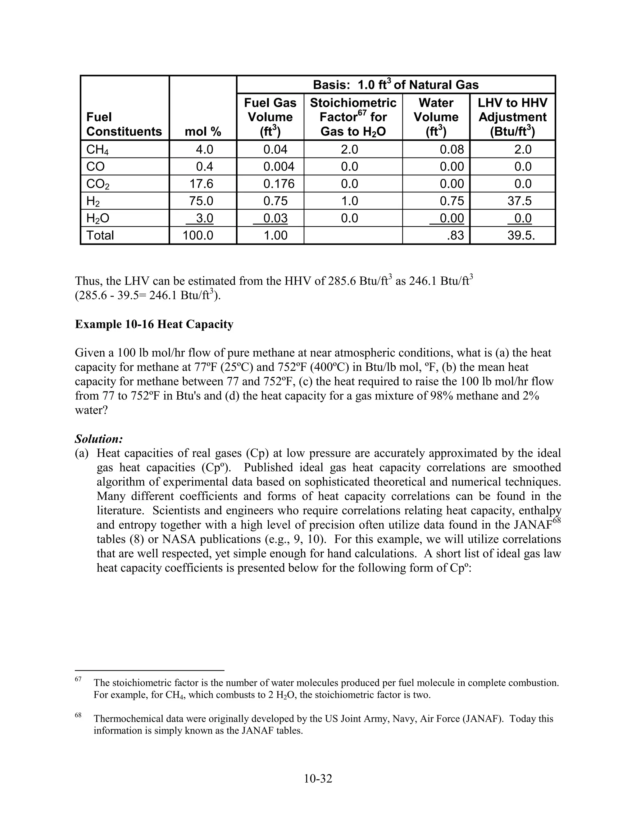 Basis: 1.0 ft3 of Natural Gas
                                         Fuel Gas       Stoichiometric      Water      LHV to HHV
                                                                67
     Fuel                                 Volume         Factor for        Volume      Adjustment
     Constituents         mol %            (ft3)          Gas to H2O         (ft3)       (Btu/ft3)
     CH4                    4.0             0.04             2.0                0.08         2.0
     CO                     0.4             0.004            0.0                0.00         0.0
     CO2                   17.6             0.176            0.0                0.00         0.0
     H2                    75.0             0.75             1.0                0.75        37.5
     H2O                    3.0             0.03             0.0                0.00         0.0
     Total                100.0             1.00                                   .83      39.5.


Thus, the LHV can be estimated from the HHV of 285.6 Btu/ft3 as 246.1 Btu/ft3
(285.6 - 39.5= 246.1 Btu/ft3).

Example 10-16 Heat Capacity

Given a 100 lb mol/hr flow of pure methane at near atmospheric conditions, what is (a) the heat
capacity for methane at 77ºF (25ºC) and 752ºF (400ºC) in Btu/lb mol, ºF, (b) the mean heat
capacity for methane between 77 and 752ºF, (c) the heat required to raise the 100 lb mol/hr flow
from 77 to 752ºF in Btu's and (d) the heat capacity for a gas mixture of 98% methane and 2%
water?

Solution:
(a) Heat capacities of real gases (Cp) at low pressure are accurately approximated by the ideal
    gas heat capacities (Cpº). Published ideal gas heat capacity correlations are smoothed
    algorithm of experimental data based on sophisticated theoretical and numerical techniques.
    Many different coefficients and forms of heat capacity correlations can be found in the
    literature. Scientists and engineers who require correlations relating heat capacity, enthalpy
    and entropy together with a high level of precision often utilize data found in the JANAF68
    tables (8) or NASA publications (e.g., 9, 10). For this example, we will utilize correlations
    that are well respected, yet simple enough for hand calculations. A short list of ideal gas law
    heat capacity coefficients is presented below for the following form of Cpº:




67
      The stoichiometric factor is the number of water molecules produced per fuel molecule in complete combustion.
      For example, for CH4, which combusts to 2 H2O, the stoichiometric factor is two.
68
      Thermochemical data were originally developed by the US Joint Army, Navy, Air Force (JANAF). Today this
      information is simply known as the JANAF tables.



                                                       10-32
 