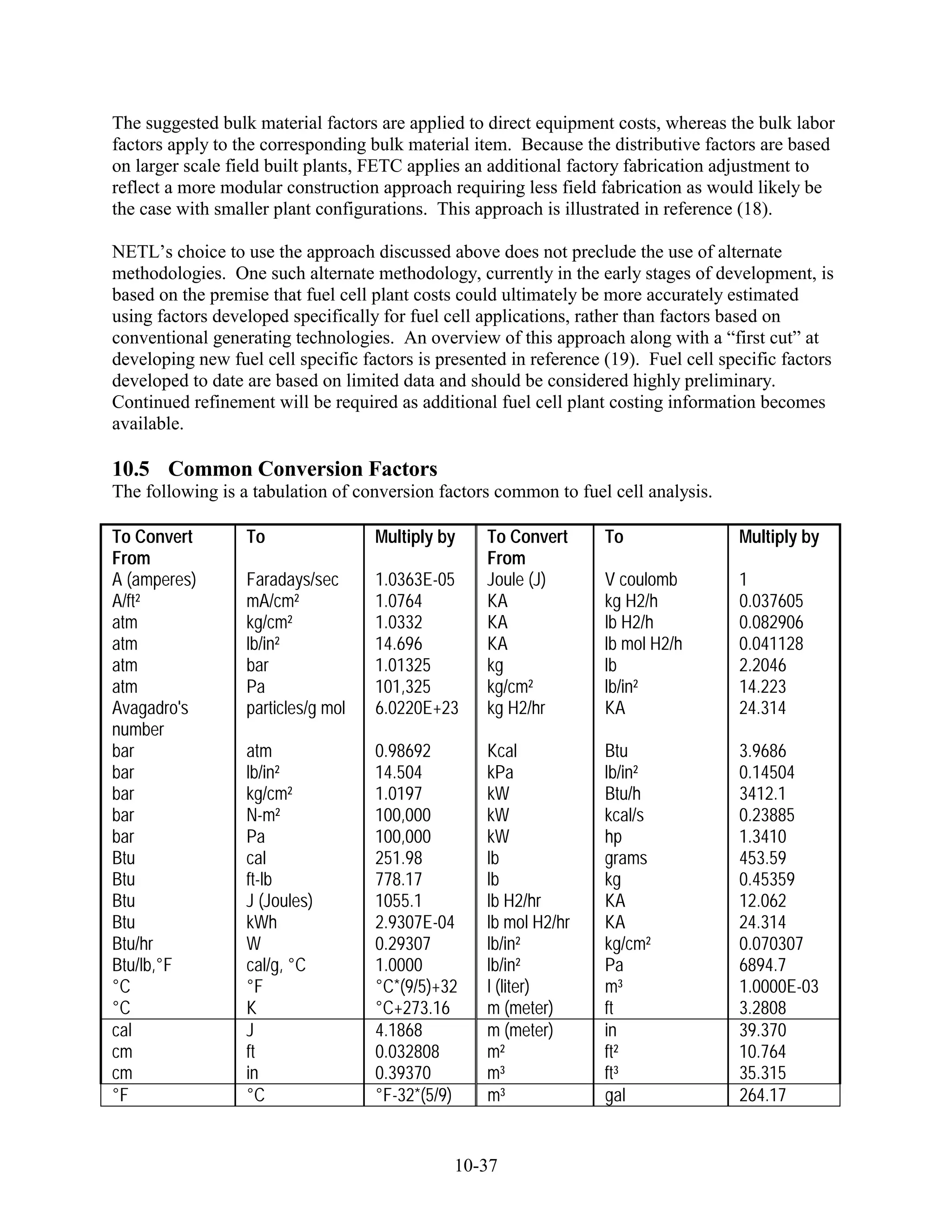 The suggested bulk material factors are applied to direct equipment costs, whereas the bulk labor
factors apply to the corresponding bulk material item. Because the distributive factors are based
on larger scale field built plants, FETC applies an additional factory fabrication adjustment to
reflect a more modular construction approach requiring less field fabrication as would likely be
the case with smaller plant configurations. This approach is illustrated in reference (18).

NETL’s choice to use the approach discussed above does not preclude the use of alternate
methodologies. One such alternate methodology, currently in the early stages of development, is
based on the premise that fuel cell plant costs could ultimately be more accurately estimated
using factors developed specifically for fuel cell applications, rather than factors based on
conventional generating technologies. An overview of this approach along with a “first cut” at
developing new fuel cell specific factors is presented in reference (19). Fuel cell specific factors
developed to date are based on limited data and should be considered highly preliminary.
Continued refinement will be required as additional fuel cell plant costing information becomes
available.

10.5 Common Conversion Factors
The following is a tabulation of conversion factors common to fuel cell analysis.

To Convert        To                Multiply by    To Convert       To                Multiply by
From                                               From
A (amperes)       Faradays/sec      1.0363E-05     Joule (J)        V coulomb         1
A/ft²             mA/cm²            1.0764         KA               kg H2/h           0.037605
atm               kg/cm²            1.0332         KA               lb H2/h           0.082906
atm               lb/in²            14.696         KA               lb mol H2/h       0.041128
atm               bar               1.01325        kg               lb                2.2046
atm               Pa                101,325        kg/cm²           lb/in²            14.223
Avagadro's        particles/g mol   6.0220E+23     kg H2/hr         KA                24.314
number
bar               atm               0.98692        Kcal             Btu               3.9686
bar               lb/in²            14.504         kPa              lb/in²            0.14504
bar               kg/cm²            1.0197         kW               Btu/h             3412.1
bar               N-m²              100,000        kW               kcal/s            0.23885
bar               Pa                100,000        kW               hp                1.3410
Btu               cal               251.98         lb               grams             453.59
Btu               ft-lb             778.17         lb               kg                0.45359
Btu               J (Joules)        1055.1         lb H2/hr         KA                12.062
Btu               kWh               2.9307E-04     lb mol H2/hr     KA                24.314
Btu/hr            W                 0.29307        lb/in²           kg/cm²            0.070307
Btu/lb,°F         cal/g, °C         1.0000         lb/in²           Pa                6894.7
°C                °F                °C*(9/5)+32    l (liter)        m³                1.0000E-03
°C                K                 °C+273.16      m (meter)        ft                3.2808
cal               J                 4.1868         m (meter)        in                39.370
cm                ft                0.032808       m²               ft²               10.764
cm                in                0.39370        m³               ft³               35.315
°F                °C                °F-32*(5/9)    m³               gal               264.17


                                               10-37
 