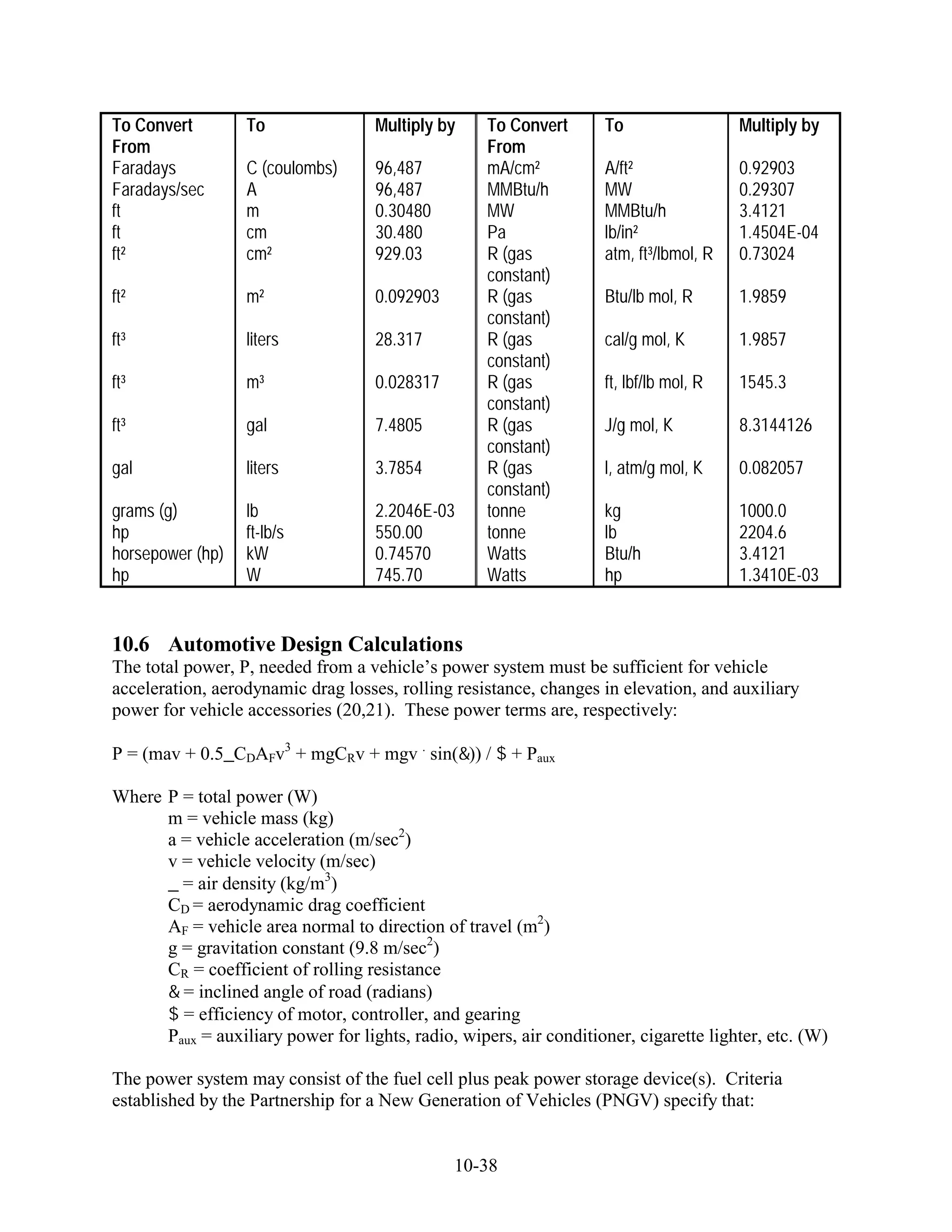 To Convert        To                Multiply by     To Convert      To                  Multiply by
From                                                From
Faradays          C (coulombs)      96,487          mA/cm²          A/ft²               0.92903
Faradays/sec      A                 96,487          MMBtu/h         MW                  0.29307
ft                m                 0.30480         MW              MMBtu/h             3.4121
ft                cm                30.480          Pa              lb/in²              1.4504E-04
ft²               cm²               929.03          R (gas          atm, ft³/lbmol, R   0.73024
                                                    constant)
ft²               m²                0.092903        R (gas          Btu/lb mol, R       1.9859
                                                    constant)
ft³               liters            28.317          R (gas          cal/g mol, K        1.9857
                                                    constant)
ft³               m³                0.028317        R (gas          ft, lbf/lb mol, R   1545.3
                                                    constant)
ft³               gal               7.4805          R (gas          J/g mol, K          8.3144126
                                                    constant)
gal               liters            3.7854          R (gas          l, atm/g mol, K     0.082057
                                                    constant)
grams (g)         lb                2.2046E-03      tonne           kg                  1000.0
hp                ft-lb/s           550.00          tonne           lb                  2204.6
horsepower (hp)   kW                0.74570         Watts           Btu/h               3.4121
hp                W                 745.70          Watts           hp                  1.3410E-03


10.6 Automotive Design Calculations
The total power, P, needed from a vehicle’s power system must be sufficient for vehicle
acceleration, aerodynamic drag losses, rolling resistance, changes in elevation, and auxiliary
power for vehicle accessories (20,21). These power terms are, respectively:

P = (mav + 0.5 CDAFv3 + mgCRv + mgv . sin( )) /        + Paux

Where P = total power (W)
      m = vehicle mass (kg)
      a = vehicle acceleration (m/sec2)
      v = vehicle velocity (m/sec)
        = air density (kg/m3)
      CD = aerodynamic drag coefficient
      AF = vehicle area normal to direction of travel (m2)
      g = gravitation constant (9.8 m/sec2)
      CR = coefficient of rolling resistance
        = inclined angle of road (radians)
        = efficiency of motor, controller, and gearing
      Paux = auxiliary power for lights, radio, wipers, air conditioner, cigarette lighter, etc. (W)

The power system may consist of the fuel cell plus peak power storage device(s). Criteria
established by the Partnership for a New Generation of Vehicles (PNGV) specify that:


                                               10-38
 