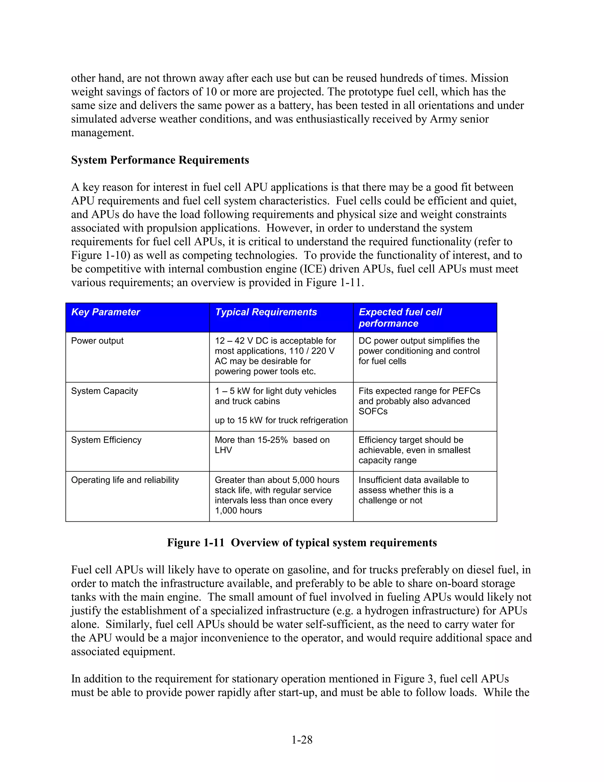 other hand, are not thrown away after each use but can be reused hundreds of times. Mission
weight savings of factors of 10 or more are projected. The prototype fuel cell, which has the
same size and delivers the same power as a battery, has been tested in all orientations and under
simulated adverse weather conditions, and was enthusiastically received by Army senior
management.

System Performance Requirements

A key reason for interest in fuel cell APU applications is that there may be a good fit between
APU requirements and fuel cell system characteristics. Fuel cells could be efficient and quiet,
and APUs do have the load following requirements and physical size and weight constraints
associated with propulsion applications. However, in order to understand the system
requirements for fuel cell APUs, it is critical to understand the required functionality (refer to
Figure 1-10) as well as competing technologies. To provide the functionality of interest, and to
be competitive with internal combustion engine (ICE) driven APUs, fuel cell APUs must meet
various requirements; an overview is provided in Figure 1-11.

Key Parameter                      Typical Requirements                  Expected fuel cell
                                                                         performance
Power output                       12 – 42 V DC is acceptable for        DC power output simplifies the
                                   most applications, 110 / 220 V        power conditioning and control
                                   AC may be desirable for               for fuel cells
                                   powering power tools etc.

System Capacity                    1 – 5 kW for light duty vehicles      Fits expected range for PEFCs
                                   and truck cabins                      and probably also advanced
                                                                         SOFCs
                                   up to 15 kW for truck refrigeration

System Efficiency                  More than 15-25% based on             Efficiency target should be
                                   LHV                                   achievable, even in smallest
                                                                         capacity range

Operating life and reliability     Greater than about 5,000 hours        Insufficient data available to
                                   stack life, with regular service      assess whether this is a
                                   intervals less than once every        challenge or not
                                   1,000 hours


                          Figure 1-11 Overview of typical system requirements

Fuel cell APUs will likely have to operate on gasoline, and for trucks preferably on diesel fuel, in
order to match the infrastructure available, and preferably to be able to share on-board storage
tanks with the main engine. The small amount of fuel involved in fueling APUs would likely not
justify the establishment of a specialized infrastructure (e.g. a hydrogen infrastructure) for APUs
alone. Similarly, fuel cell APUs should be water self-sufficient, as the need to carry water for
the APU would be a major inconvenience to the operator, and would require additional space and
associated equipment.

In addition to the requirement for stationary operation mentioned in Figure 3, fuel cell APUs
must be able to provide power rapidly after start-up, and must be able to follow loads. While the



                                                       1-28
 