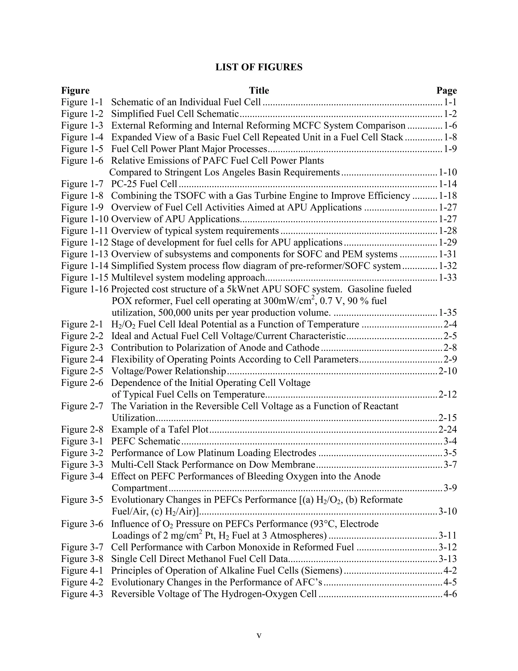 LIST OF FIGURES

Figure                                                      Title                                                                    Page
Figure 1-1  Schematic of an Individual Fuel Cell .......................................................................1-1
Figure 1-2  Simplified Fuel Cell Schematic................................................................................1-2
Figure 1-3  External Reforming and Internal Reforming MCFC System Comparison ..............1-6
Figure 1-4  Expanded View of a Basic Fuel Cell Repeated Unit in a Fuel Cell Stack ...............1-8
Figure 1-5  Fuel Cell Power Plant Major Processes.....................................................................1-9
Figure 1-6  Relative Emissions of PAFC Fuel Cell Power Plants
           Compared to Stringent Los Angeles Basin Requirements ......................................1-10
Figure 1-7 PC-25 Fuel Cell ......................................................................................................1-14
Figure 1-8 Combining the TSOFC with a Gas Turbine Engine to Improve Efficiency ..........1-18
Figure 1-9 Overview of Fuel Cell Activities Aimed at APU Applications .............................1-27
Figure 1-10 Overview of APU Applications..............................................................................1-27
Figure 1-11 Overview of typical system requirements ..............................................................1-28
Figure 1-12 Stage of development for fuel cells for APU applications .....................................1-29
Figure 1-13 Overview of subsystems and components for SOFC and PEM systems ...............1-31
Figure 1-14 Simplified System process flow diagram of pre-reformer/SOFC system ..............1-32
Figure 1-15 Multilevel system modeling approach....................................................................1-33
Figure 1-16 Projected cost structure of a 5kWnet APU SOFC system. Gasoline fueled
            POX reformer, Fuel cell operating at 300mW/cm2, 0.7 V, 90 % fuel
            utilization, 500,000 units per year production volume. .........................................1-35
Figure 2-1 H2/O2 Fuel Cell Ideal Potential as a Function of Temperature ................................2-4
Figure 2-2 Ideal and Actual Fuel Cell Voltage/Current Characteristic......................................2-5
Figure 2-3 Contribution to Polarization of Anode and Cathode ................................................2-8
Figure 2-4 Flexibility of Operating Points According to Cell Parameters.................................2-9
Figure 2-5 Voltage/Power Relationship...................................................................................2-10
Figure 2-6 Dependence of the Initial Operating Cell Voltage
            of Typical Fuel Cells on Temperature....................................................................2-12
Figure 2-7 The Variation in the Reversible Cell Voltage as a Function of Reactant
            Utilization...............................................................................................................2-15
Figure 2-8 Example of a Tafel Plot..........................................................................................2-24
Figure 3-1 PEFC Schematic.......................................................................................................3-4
Figure 3-2 Performance of Low Platinum Loading Electrodes .................................................3-5
Figure 3-3 Multi-Cell Stack Performance on Dow Membrane..................................................3-7
Figure 3-4 Effect on PEFC Performances of Bleeding Oxygen into the Anode
            Compartment............................................................................................................3-9
Figure 3-5 Evolutionary Changes in PEFCs Performance [(a) H2/O2, (b) Reformate
            Fuel/Air, (c) H2/Air)]..............................................................................................3-10
Figure 3-6 Influence of O2 Pressure on PEFCs Performance (93 C, Electrode
            Loadings of 2 mg/cm2 Pt, H2 Fuel at 3 Atmospheres) ...........................................3-11
Figure 3-7 Cell Performance with Carbon Monoxide in Reformed Fuel ................................3-12
Figure 3-8 Single Cell Direct Methanol Fuel Cell Data...........................................................3-13
Figure 4-1 Principles of Operation of Alkaline Fuel Cells (Siemens) .......................................4-2
Figure 4-2 Evolutionary Changes in the Performance of AFC’s ...............................................4-5
Figure 4-3 Reversible Voltage of The Hydrogen-Oxygen Cell .................................................4-6



                                                                    v
 