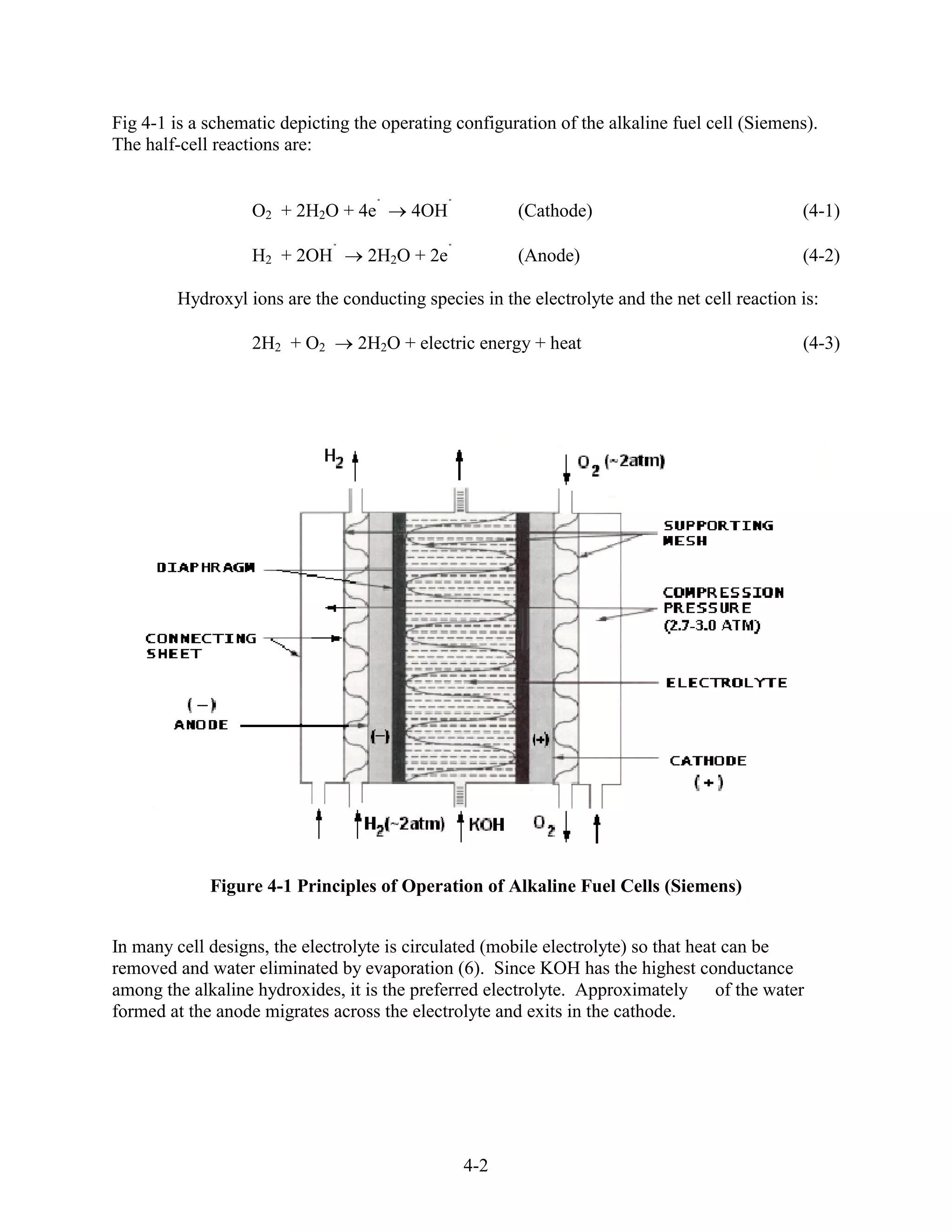 Fig 4-1 is a schematic depicting the operating configuration of the alkaline fuel cell (Siemens).
The half-cell reactions are:


                   O2 + 2H2O + 4e        4OH           (Cathode)                              (4-1)

                   H2 + 2OH        2H2O + 2e           (Anode)                                (4-2)

        Hydroxyl ions are the conducting species in the electrolyte and the net cell reaction is:

                   2H2 + O2      2H2O + electric energy + heat                                (4-3)




             Figure 4-1 Principles of Operation of Alkaline Fuel Cells (Siemens)


In many cell designs, the electrolyte is circulated (mobile electrolyte) so that heat can be
removed and water eliminated by evaporation (6). Since KOH has the highest conductance
among the alkaline hydroxides, it is the preferred electrolyte. Approximately of the water
formed at the anode migrates across the electrolyte and exits in the cathode.




                                                4-2
 