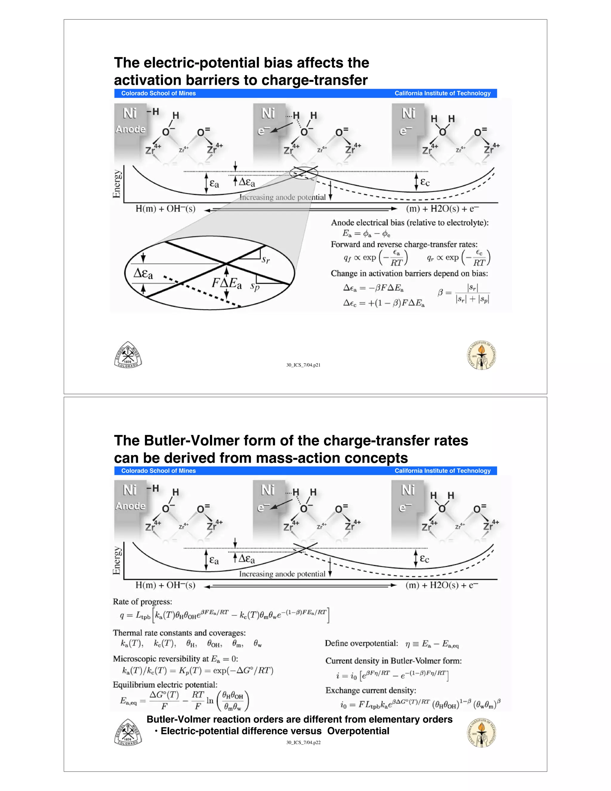30_ICS_7/04.p21
Colorado School of Mines California Institute of Technology
The electric-potential bias affects the
activation barriers to charge-transfer
30_ICS_7/04.p22
Colorado School of Mines California Institute of Technology
The Butler-Volmer form of the charge-transfer rates
can be derived from mass-action concepts
Butler-Volmer reaction orders are different from elementary orders
•!Electric-potential difference versus Overpotential
 