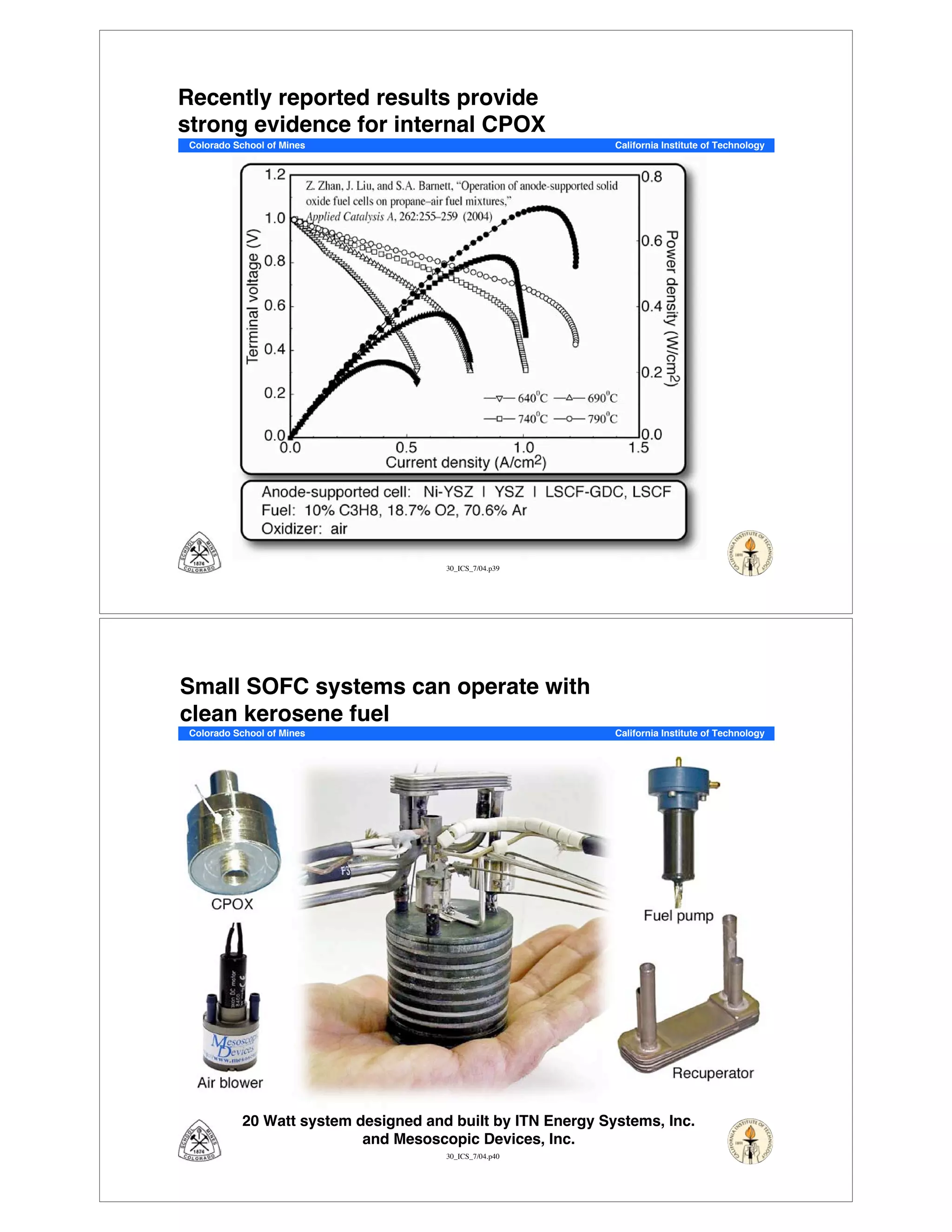30_ICS_7/04.p39
Colorado School of Mines California Institute of Technology
Recently reported results provide
strong evidence for internal CPOX
30_ICS_7/04.p40
Colorado School of Mines California Institute of Technology
Small SOFC systems can operate with
clean kerosene fuel
20 Watt system designed and built by ITN Energy Systems, Inc.
and Mesoscopic Devices, Inc.
 