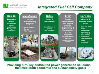 EPC*
Project
Development
and Project
Finance,
Engineering &
Construction
Over 300
megawatts
installed and in
backlog
* Engineering, Procurement &
Construction
Manufacture
Global
manufacturing
footprint
• North America
• Europe
• Asia via partner
Design
Megawatt–
class
distributed
power
generation
solutions
Integrated Fuel Cell Company
3
Services
Operate &
maintain power
plants
• Over 100 DFC®
plants
operating at
more than 50
sites globally
• Two billion
kWh ultra-clean
power
produced
Sales
Direct &
via Partners
Installations &
orders
in 9 countries
Providing turn-key distributed power generation solutions
that meet both economic and sustainability goals
 
