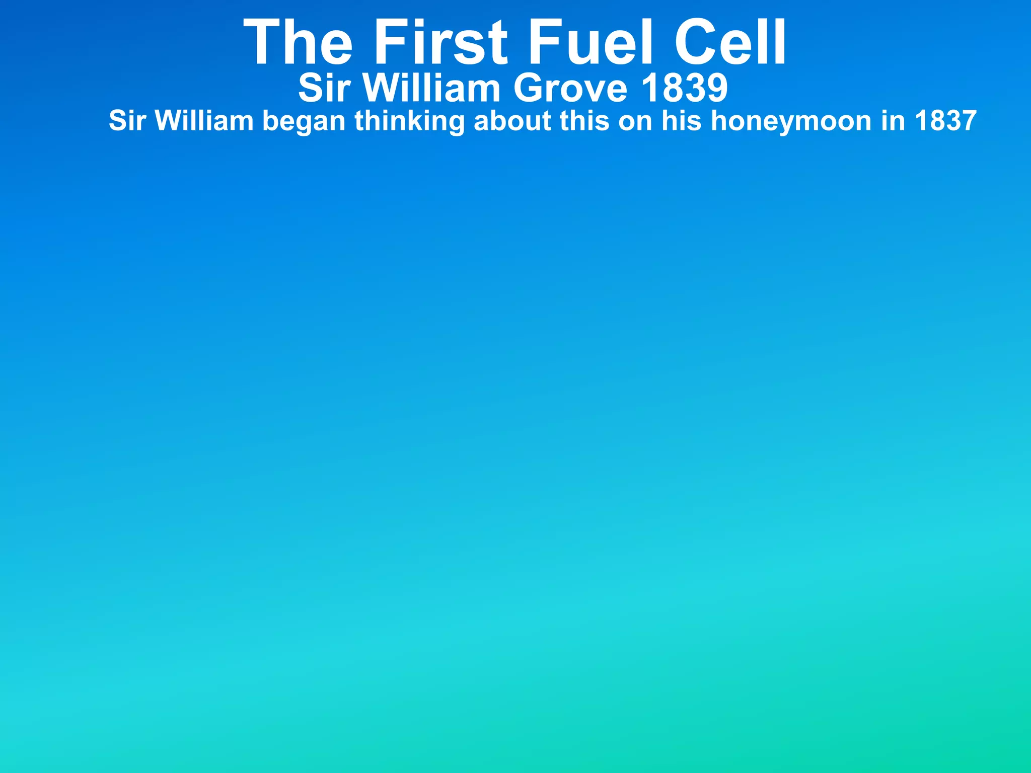 Sulfuric Acid Solution
The First Fuel Cell
Sir William Grove 1839
Electrodes
Sir William began thinking about this on his honeymoon in 1837
 