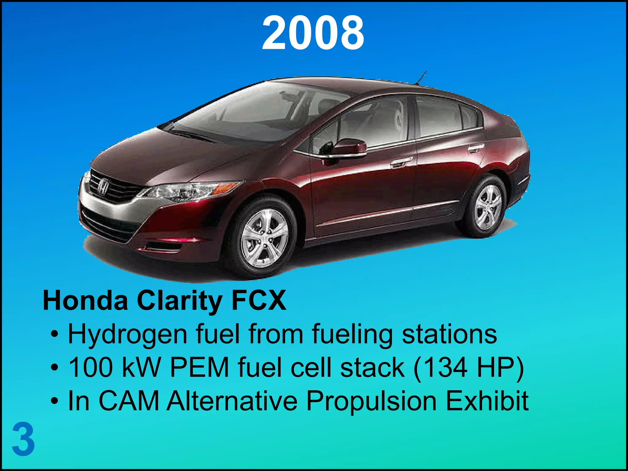 2008
3
Honda Clarity FCX
• Hydrogen fuel from fueling stations
• 100 kW PEM fuel cell stack (134 HP)
• In CAM Alternative Propulsion Exhibit
 