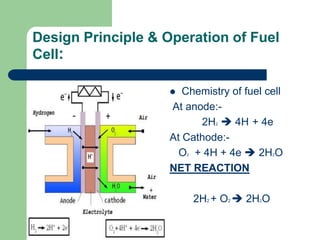 Design Principle & Operation of Fuel
Cell:
 Chemistry of fuel cell
At anode:-
2H2  4H + 4e
At Cathode:-
O2 + 4H + 4e  2H2O
NET REACTION
2H2 + O2  2H2O
 