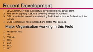 1. LLC, Latham, NY has successfully developed 50 KW power plant. 
2. Fuel cell of capacity 1.5KW is powering houses in Australia. 
3. GAIL is actively involved in establishing fuel infrastructure for fuel cell vehicles 
in India. 
4. CECRI, Karaikudi has developed and tested MCFC stack. 
1. Ministry of NCES 
2. IITs 
3. CSIR labs 
4. BHEL 
5. GAIL 
6. BARC 
7. MIT 
