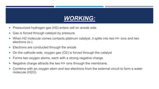WORKING:
 Pressurized hydrogen gas (H2) enters cell on anode side.
 Gas is forced through catalyst by pressure.
 When H2 molecule comes contacts platinum catalyst, it splits into two H+ ions and two
electrons (e-).
 Electrons are conducted through the anode
 On the cathode side, oxygen gas (O2) is forced through the catalyst
 Forms two oxygen atoms, each with a strong negative charge.
 Negative charge attracts the two H+ ions through the membrane,
 Combine with an oxygen atom and two electrons from the external circuit to form a water
molecule (H2O).
 