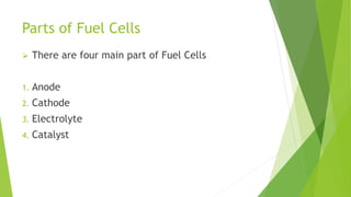 Parts of Fuel Cells
 There are four main part of Fuel Cells
1. Anode
2. Cathode
3. Electrolyte
4. Catalyst
 