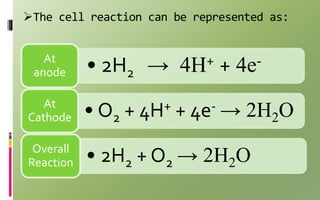 The cell reaction can be represented as:
• 2H2 → 4H+ + 4e-
At
anode
• O2 + 4H+ + 4e- → 2H2O
At
Cathode
• 2H2 + O2 → 2H2O
Overall
Reaction
 