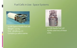 Fuel Cells in Use: Space Systems
1.5 kW Apollo fuel cell
Apollo used two of these
units.
12 kW Space shuttle fuel cell
Weight: 120 kg
Size: 36x38x114 cm
Contains 32 cells in series
 