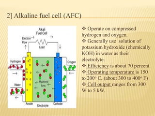 2] Alkaline fuel cell (AFC)
 Operate on compressed
hydrogen and oxygen.
 Generally use solution of
potassium hydroxide (chemically
KOH) in water as their
electrolyte.
 Efficiency is about 70 percent
 Operating temperature is 150
to 200o C, (about 300 to 400o F)
 Cell output ranges from 300
W to 5 kW.
 