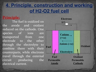 Principle:
The fuel is oxidized on
the anode and oxidant
reduced on the cathode. One
species of ions are
transported from one
electrode to the other
through the electrolyte to
combine there with their
counterparts, while electrons
travel through the external
circuit producing the
electrical current.
Electrons
(e-
)
Fuel
Permeable
Anode
Electrolyte
Oxidant
Permeable
Cathode
Fuel Oxidant
Cations
(+ve)
Anions (-ve)
4. Principle, construction and working
of H2-O2 fuel cell
 