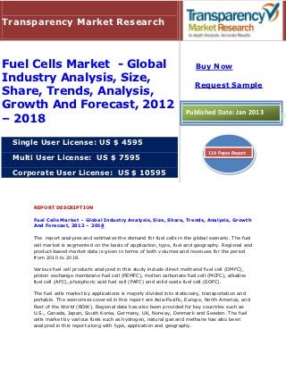 Transparency Market Research



Fuel Cells Market - Global                                                Buy Now
Industry Analysis, Size,
                                                                          Request Sample
Share, Trends, Analysis,
Growth And Forecast, 2012                                             Published Date: Jan 2013
– 2018
 Single User License: US $ 4595
                                                                                114 Pages Report
 Multi User License: US $ 7595

 Corporate User License: US $ 10595



     REPORT DESCRIPTION

     Fuel Cells Market - Global Industry Analysis, Size, Share, Trends, Analysis, Growth
     And Forecast, 2012 – 2018

     The report analyzes and estimates the demand for fuel cells in the global scenario. The fuel
     cell market is segmented on the basis of application, type, fuel and geography. Regional and
     product-based market data is given in terms of both volumes and revenues for the period
     from 2010 to 2018.

     Various fuel cell products analyzed in this study include direct methanol fuel cell (DMFC),
     proton exchange membrane fuel cell (PEMFC), molten carbonate fuel cell (MCFC), alkaline
     fuel cell (AFC), phosphoric acid fuel cell (PAFC) and solid oxide fuel cell (SOFC).

     The fuel cells market by applications is majorly divided into stationary, transportation and
     portable. The economies covered in this report are Asia-Pacific, Europe, North America, and
     Rest of the World (ROW). Regional data has also been provided for key countries such as
     U.S., Canada, Japan, South Korea, Germany, UK, Norway, Denmark and Sweden. The fuel
     cells market by various fuels such as hydrogen, natural gas and methane has also been
     analyzed in this report along with type, application and geography.
 