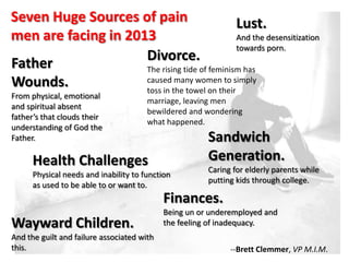 Seven Huge Sources of pain                      Lust.
men are facing in 2013                          And the desensitization
                                                towards porn.
                     Divorce.
Father               The rising tide of feminism has
Wounds.              caused many women to simply
                     toss in the towel on their
From physical, emotional
                                       marriage, leaving men
and spiritual absent
                                       bewildered and wondering
father’s that clouds their
                                       what happened.
understanding of God the
Father.                                                Sandwich
      Health Challenges                                Generation.
                                                       Caring for elderly parents while
      Physical needs and inability to function
                                                       putting kids through college.
      as used to be able to or want to.
                                            Finances.
                                            Being un or underemployed and
Wayward Children.                           the feeling of inadequacy.
And the guilt and failure associated with
this.                                                        --Brett Clemmer, VP M.I.M.
 