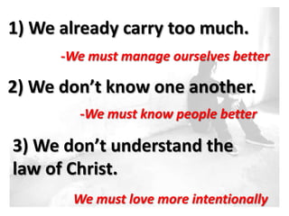 1) We already carry too much.
      -We must manage ourselves better

2) We don’t know one another.
               ge
        -We must know people better

3) We don’t understand the
law of Christ.
       We must love more intentionally
 