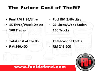 The Future Cost of Theft?

• Fuel RM 1.80/Litre      • Fuel RM 2.40/Litre
• 15 Litres/Week Stolen   • 20 Litres/Week Stolen
• 100 Trucks              • 100 Trucks

• Total cost of Thefts    • Total cost of Thefts
• RM 140,400              • RM 249,600




     www.fueldefend.com
 