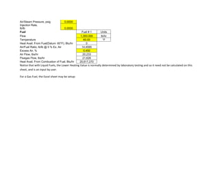 Air/Steam Pressure, psig 0.0000
Injection Rate,
lb/lb 0.0000
Fuel Fuel # 1 Units
Flow 1,393.000 lb/hr
Temperature 60.00 °F
Heat Avail. From Fuel(Datum: 60°F), Btu/hr 0
Air/Fuel Ratio, lb/lb @ 0 % Ex. Air 14.4595
Excess Air, % 0.450
Air Flow, lbs/hr 20,233
Fluegas Flow, lbs/hr 21,626
Heat Avail. From Combustion of Fuel, Btu/hr 25,617,270
Notice that with Liquid Fuels, the Lower Heating Value is normally determined by laboratory testing and so it need not be calculated on this
sheet, and is an input by user.
For a Gas Fuel, the Excel sheet may be setup:
 