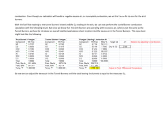 combustion. Even though our calculator will handle a negative excess air, or incomplete combustion, we set the Excess Air to zero for the arch
burners.
With the fuel flow reading to the tunnel burners known and the O2 reading at the exit, we can now perform the tunnel burner combustion
calculation with the following result. But since we know that the Arch Burners are operating with no excess air, which is not the same as the
Tunnel Burners, we have to introduce an overall heat & mass balance sheet to determine the excess air in the Tunnel Burners. This new sheet
might look like the following:
So now we can adjust the excess air in the Tunnel Burners until the total leaving the tunnels is equal to the measured O2.
 
