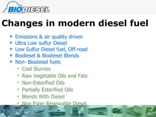 Changes in modern diesel fuel Emissions & air quality driven Ultra Low sulfur Diesel Low Sulfur Diesel fuel, Off-road  Biodiesel & Biodiesel Blends Non- Biodiesel fuels Coal Slurries Raw Vegetable Oils and Fats Non-Esterified Oils Partially Esterified Oils Blends With Diesel Non Ester Renewable Diesel 