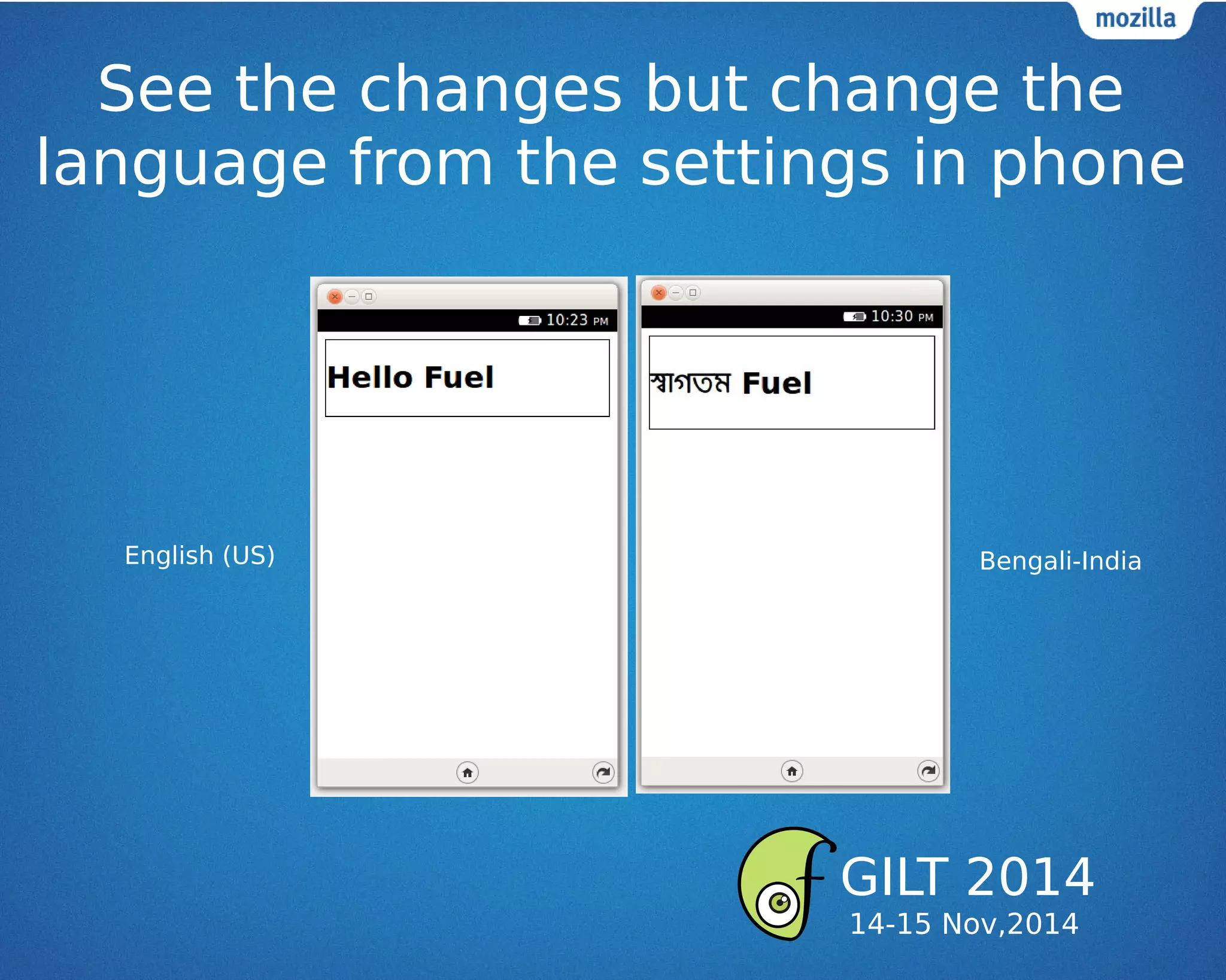 See the changes but change the
language from the settings in phone
English (US) Bengali-India
GILT 2014
14-15 Nov,2014
 