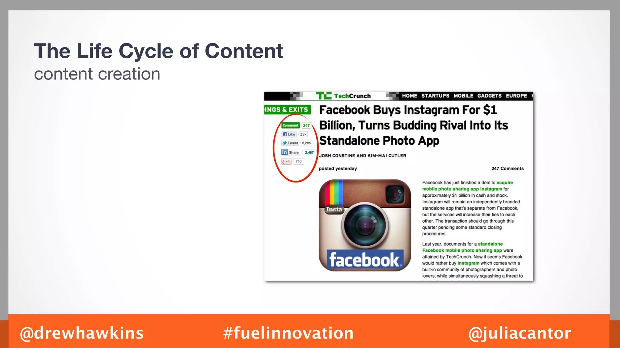 The Life Cycle of Content
 content creation




@drewhawkins        #fuelinnovation   @juliacantor
 