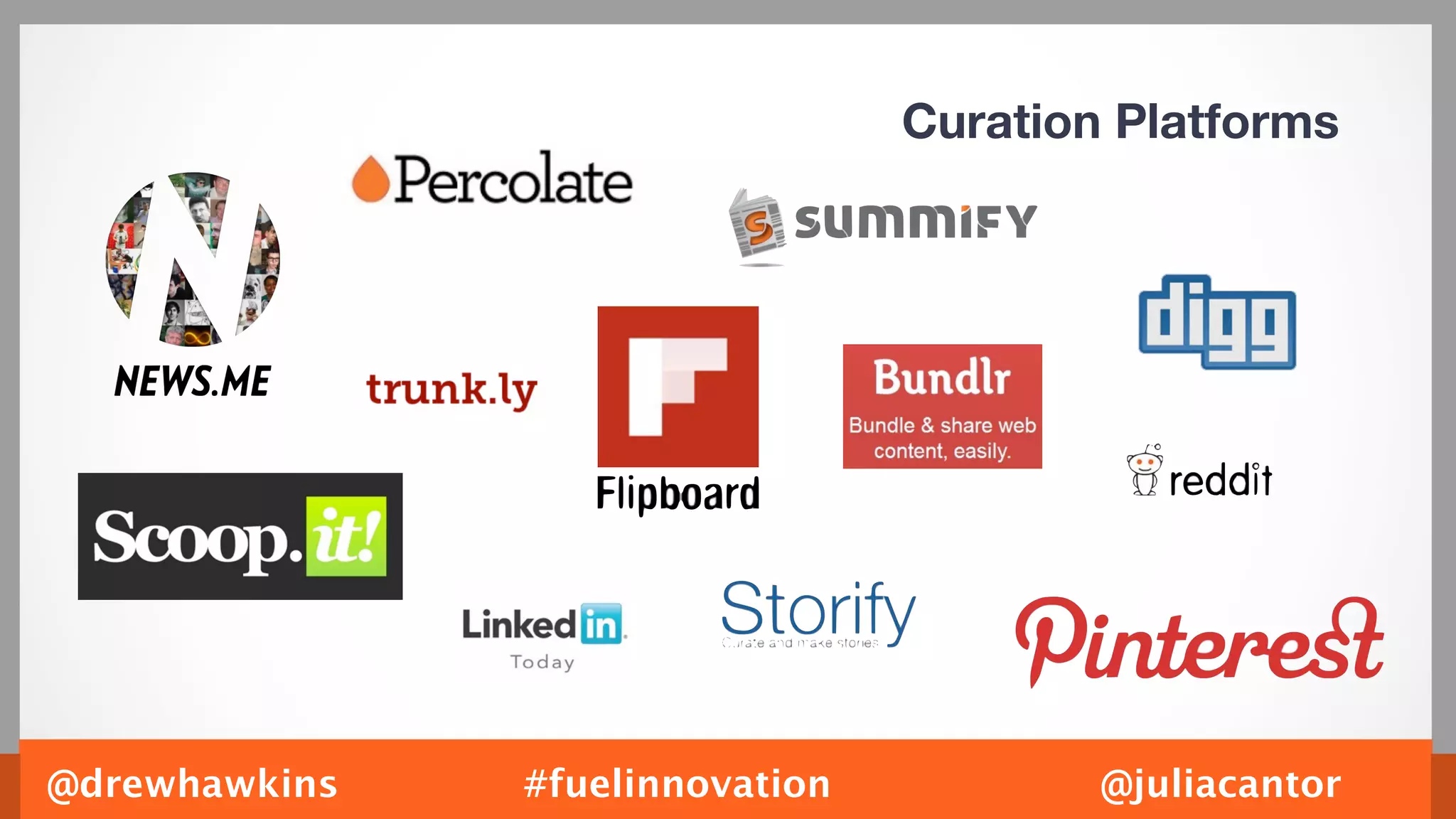 Curation Platforms




@drewhawkins   #fuelinnovation           @juliacantor
 