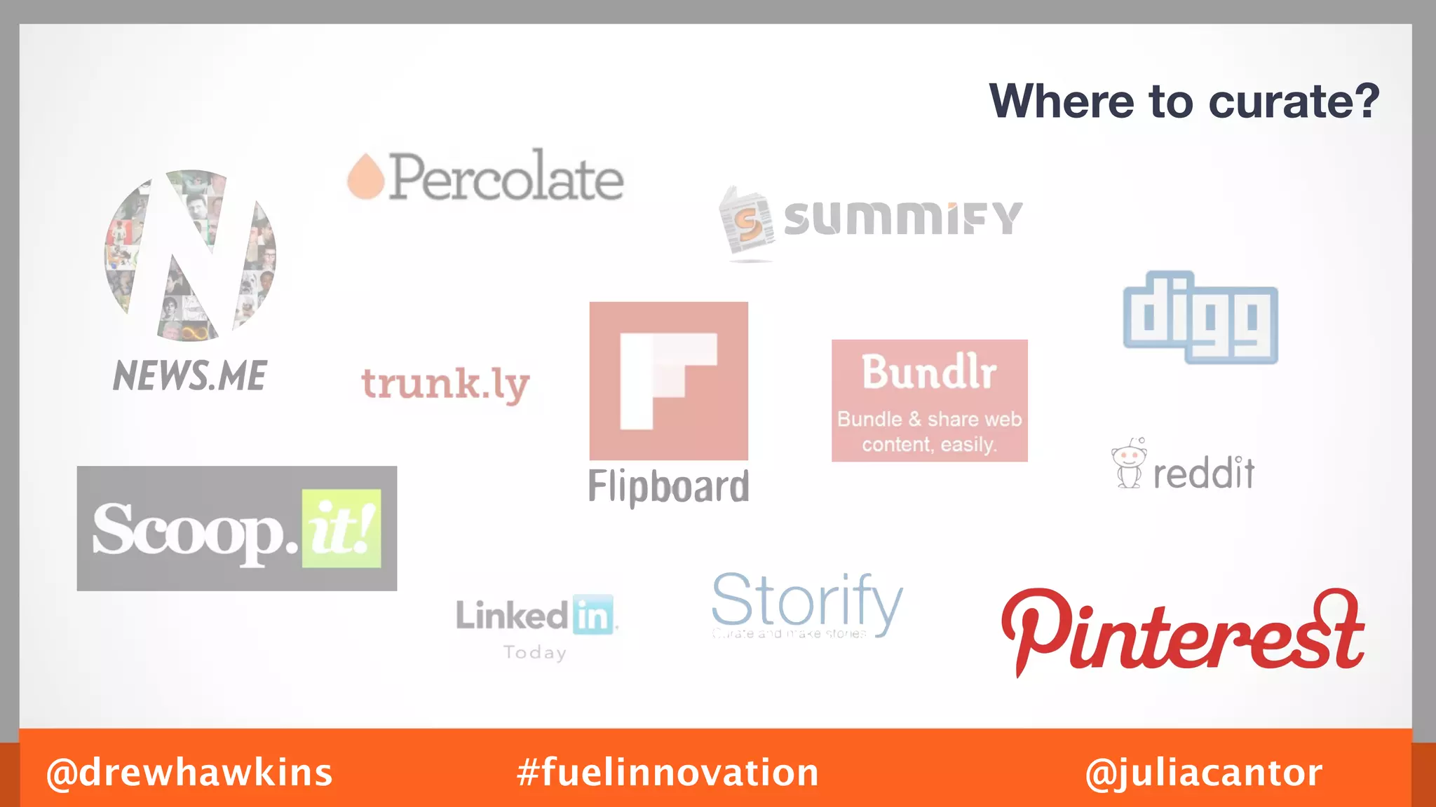 Where to curate?




@drewhawkins   #fuelinnovation      @juliacantor
 