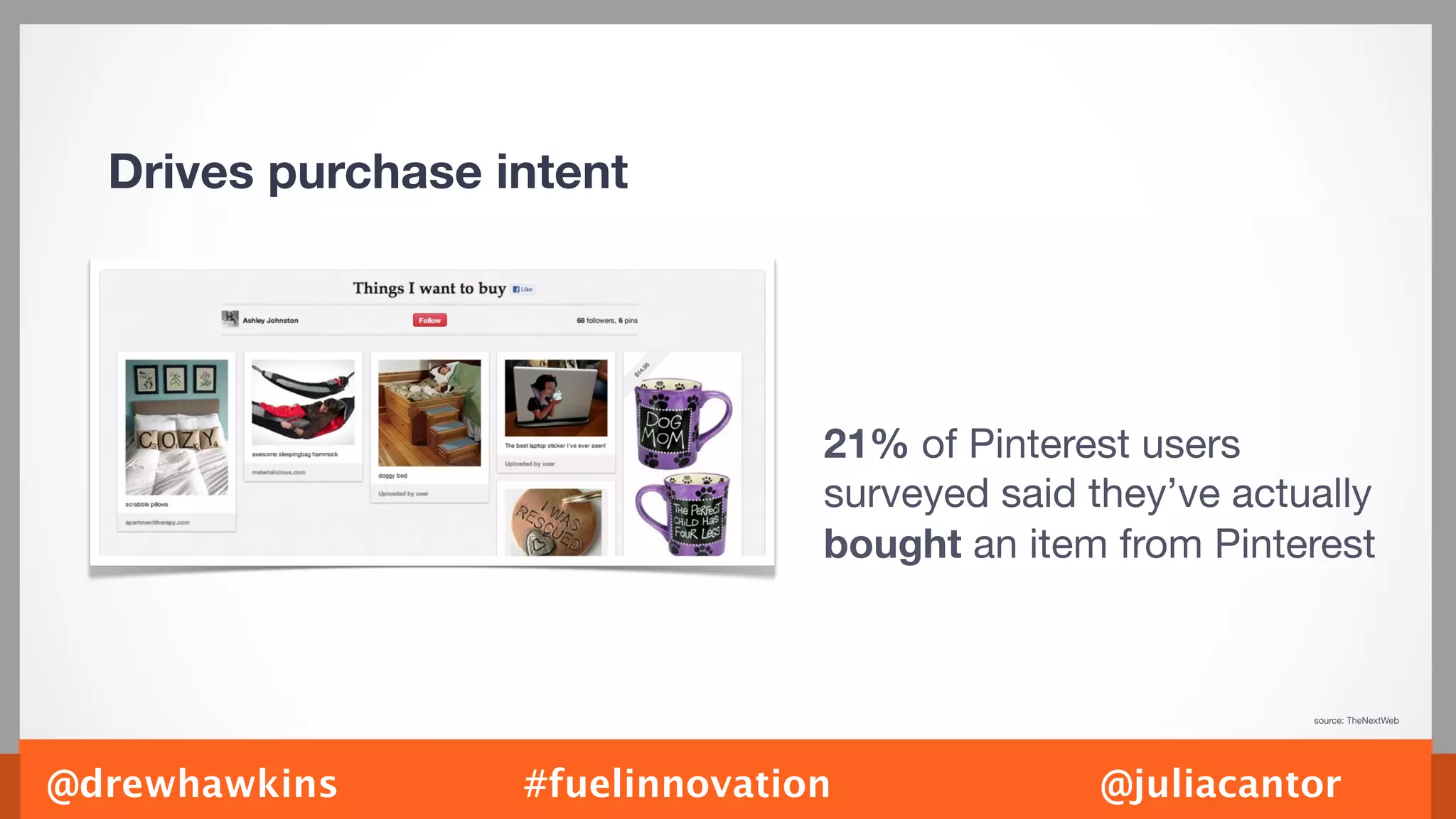 Drives purchase intent




                                 21% of Pinterest users
                                 surveyed said they’ve actually
                                 bought an item from Pinterest



                                                           source: TheNextWeb




@drewhawkins       #fuelinnovation              @juliacantor
 