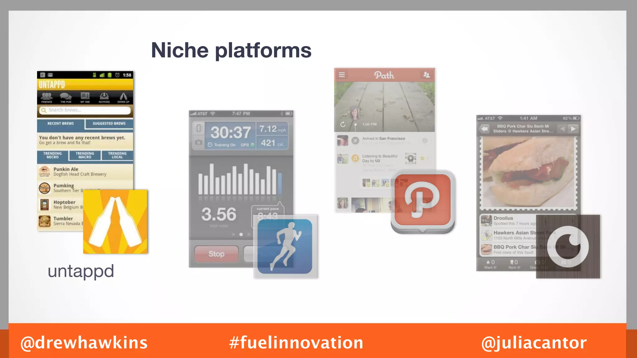 Niche platforms




  untappd


@drewhawkins          #fuelinnovation   @juliacantor
 