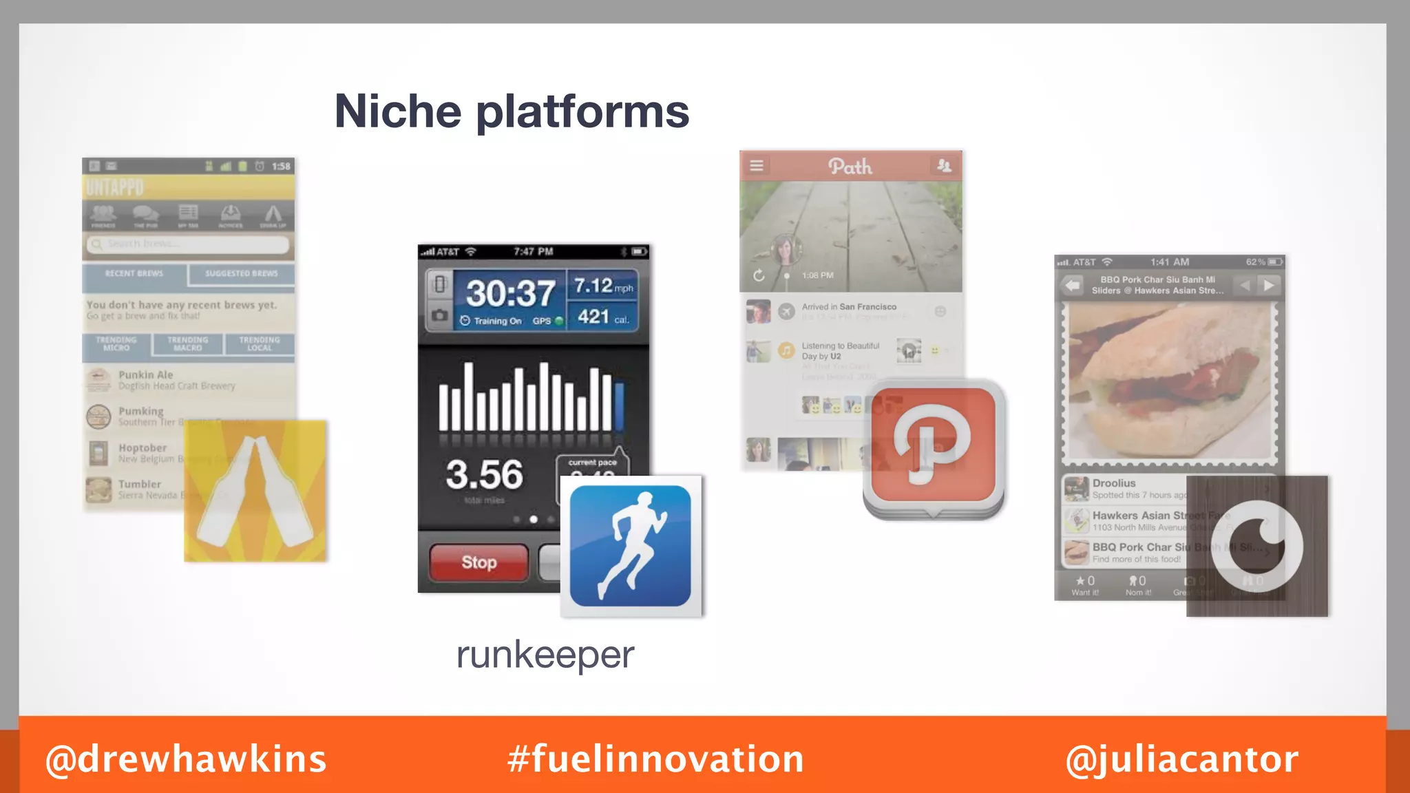 Niche platforms




                    runkeeper

@drewhawkins          #fuelinnovation   @juliacantor
 