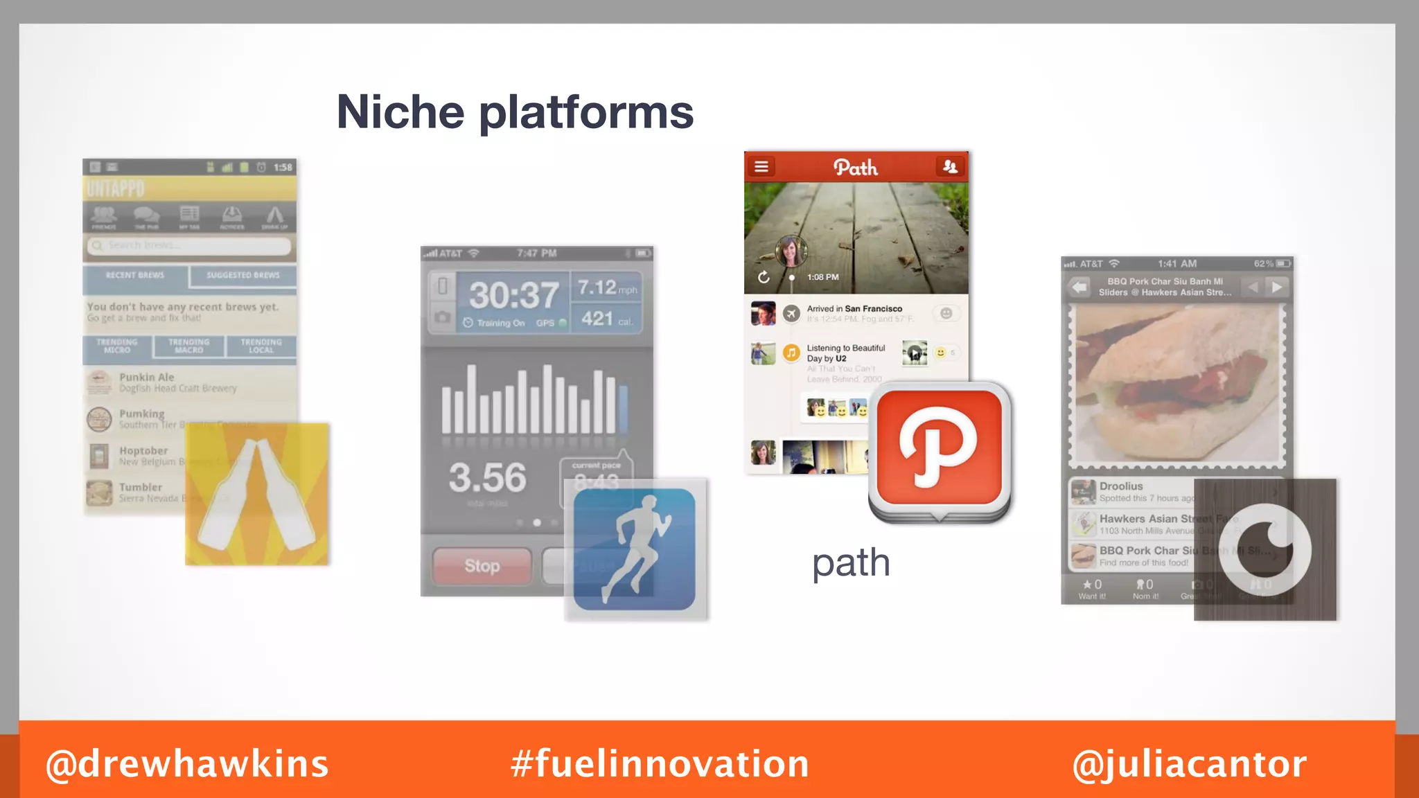 Niche platforms




                                        path




@drewhawkins          #fuelinnovation          @juliacantor
 