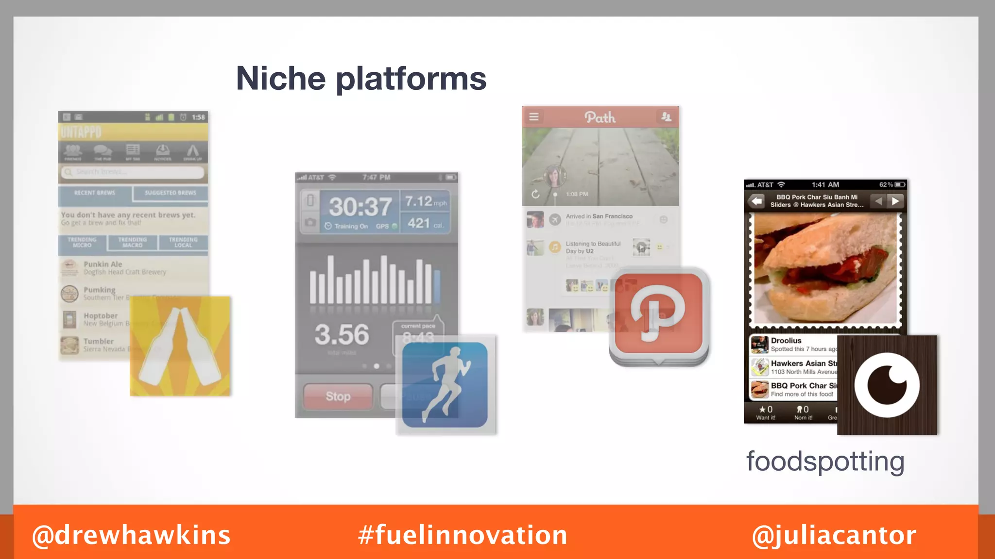 Niche platforms




                                        foodspotting

@drewhawkins          #fuelinnovation   @juliacantor
 