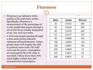 Fineness
 Fineness is an indicator of the
quality of the pulverizer action.
Specifically, fineness is a
measurement of the percentage of
a coal sample that passes through a
set of test sieves usually designated
at 50, 100, and 200 mesh.
 A 70% coal sample passing through
a 200 mesh screen indicates
optimum mill performance. Values
greater than 70% require the mill
to perform more work. The mill
wear and the power onsumption
are increased if the 70% value is
exceeded. Values lower than 70%
mean higher carbon loss and
increased fuel consumption.
51
PMI Revision 01
 
